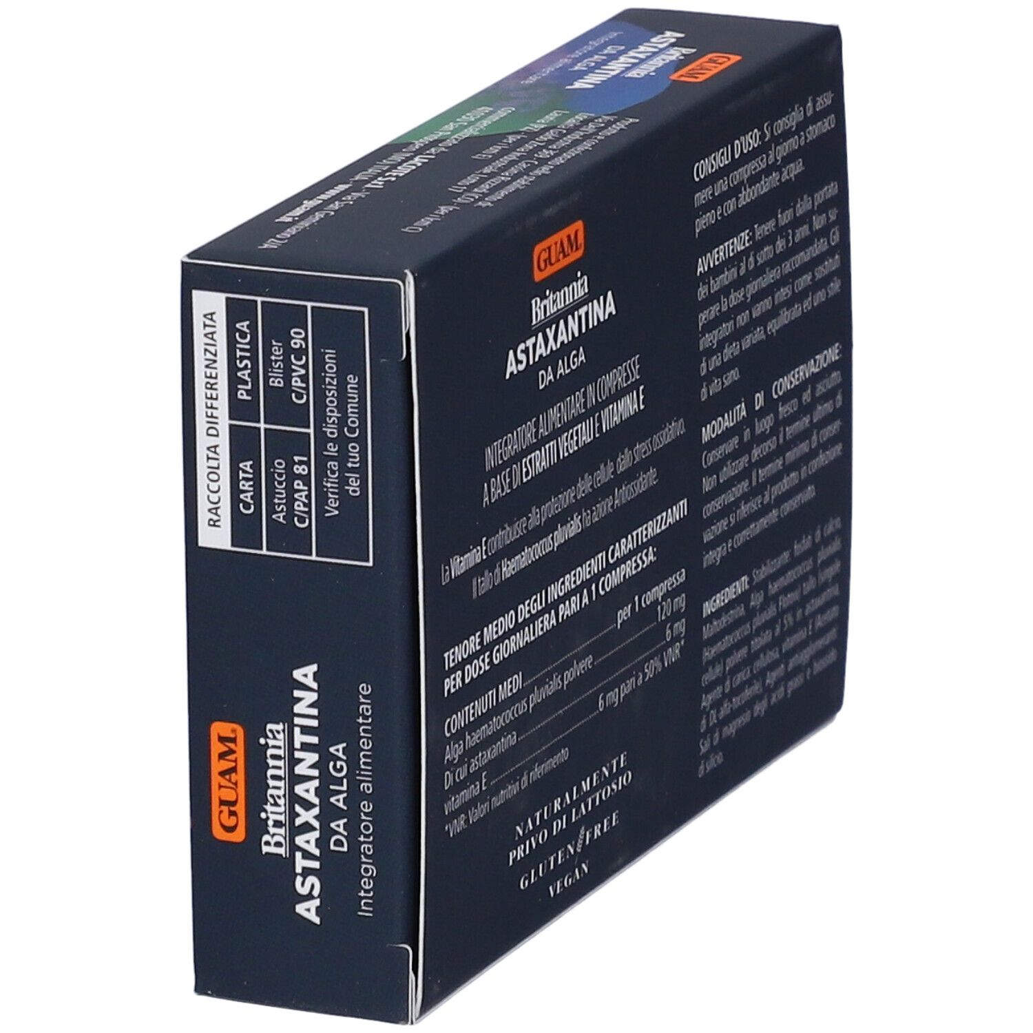Scatola, retro. Nome prodotto Britannia Astaxantina da Alga. Ingredienti e istruzioni per l'uso.