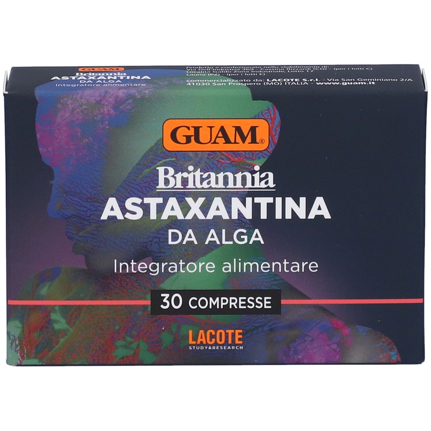 Scatola con nome del prodotto e 30 compresse. Marchio GUAM, nome Britannia Astaxantina da Alga.