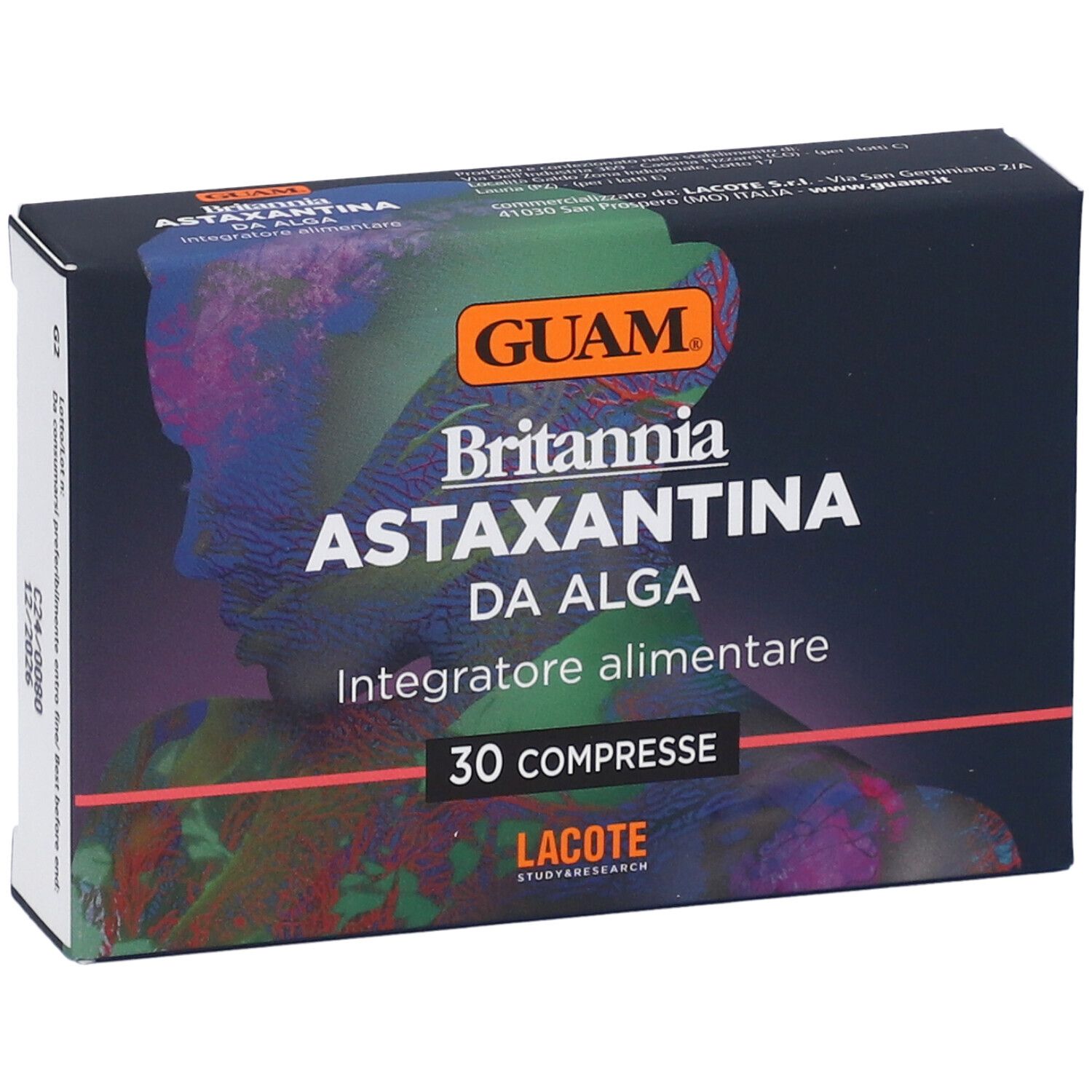 Scatola con nome del prodotto e 30 compresse. Marchio GUAM, nome Britannia Astaxantina da Alga.