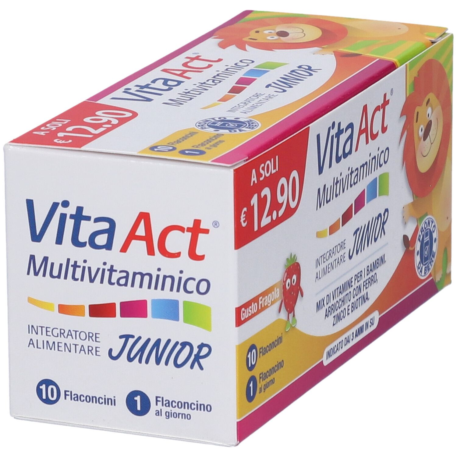 Confezione Vita Act Multivitaminico Junior Fiale. 10 flaconcini. Gusto fragola. Per bambini dai 3 anni.