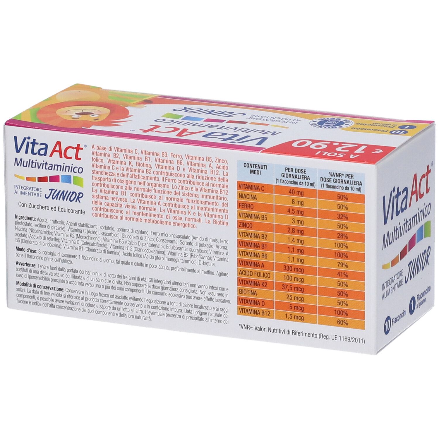 Retro confezione Vita Act Multivitaminico Junior Fiale. Tabella vitamine e valori nutrizionali.