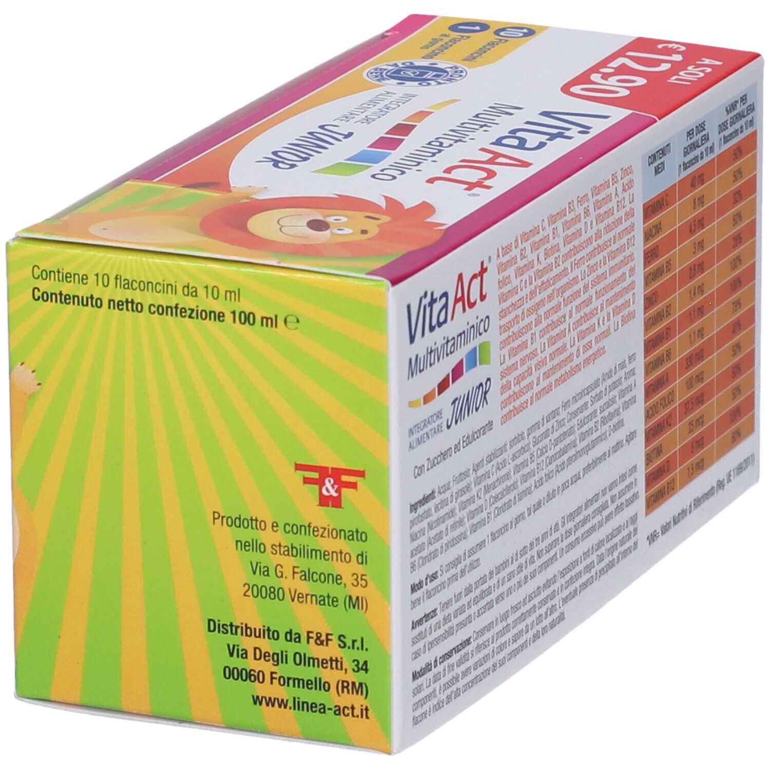 Vista laterale confezione Vita Act Multivitaminico Junior Fiale. Informazioni produttore.