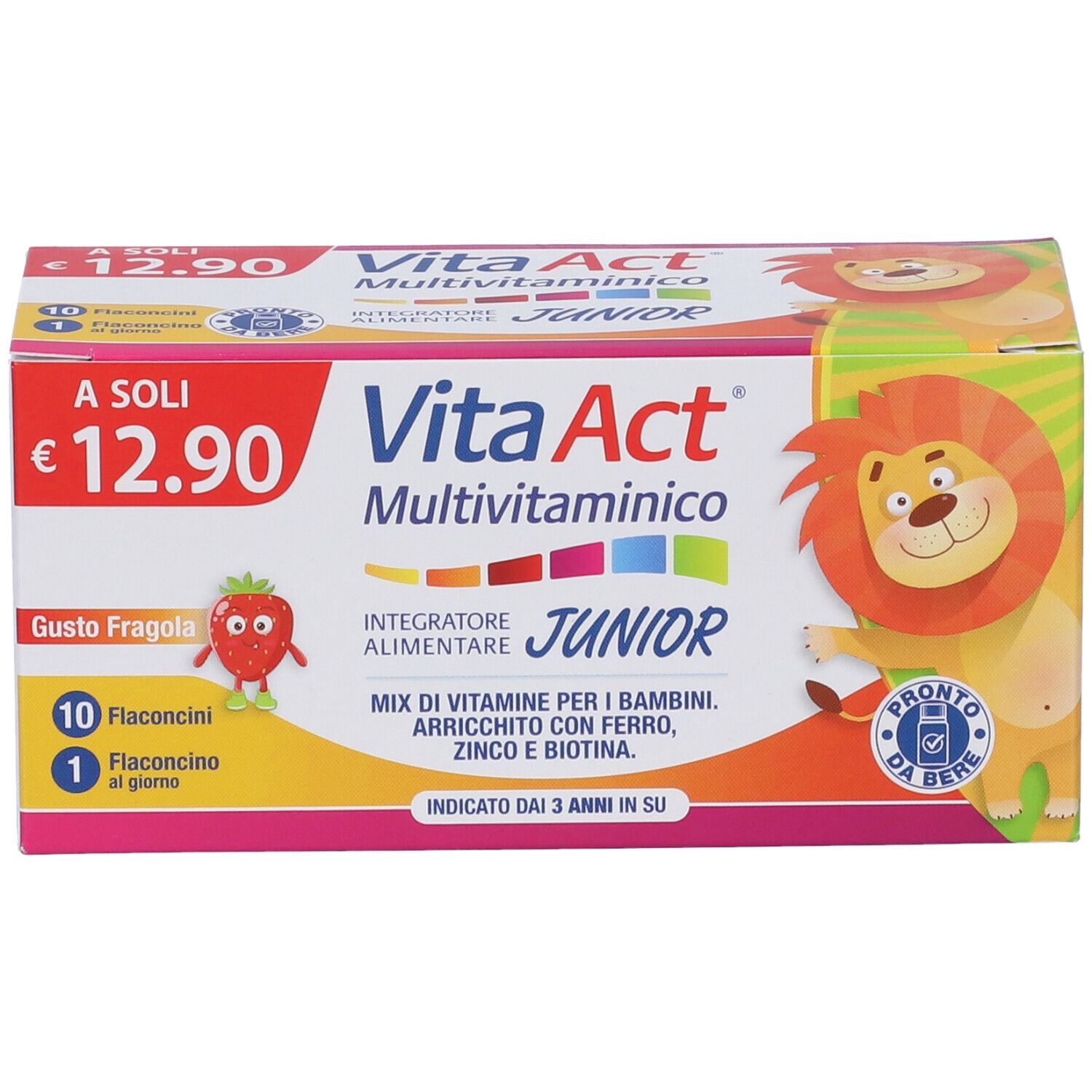 Confezione Vita Act Multivitaminico Junior Fiale. 10 flaconcini. Gusto fragola. Per bambini dai 3 anni.
