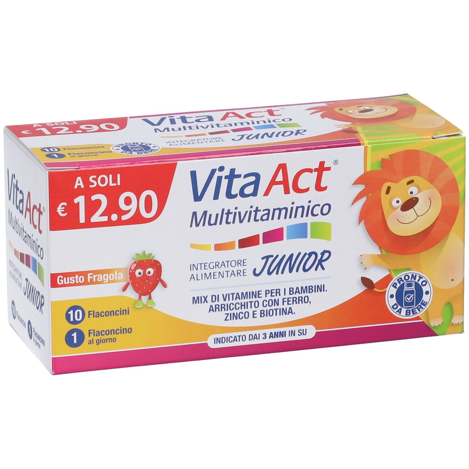 Confezione Vita Act Multivitaminico Junior Fiale. 10 flaconcini. Gusto fragola. Per bambini dai 3 anni.