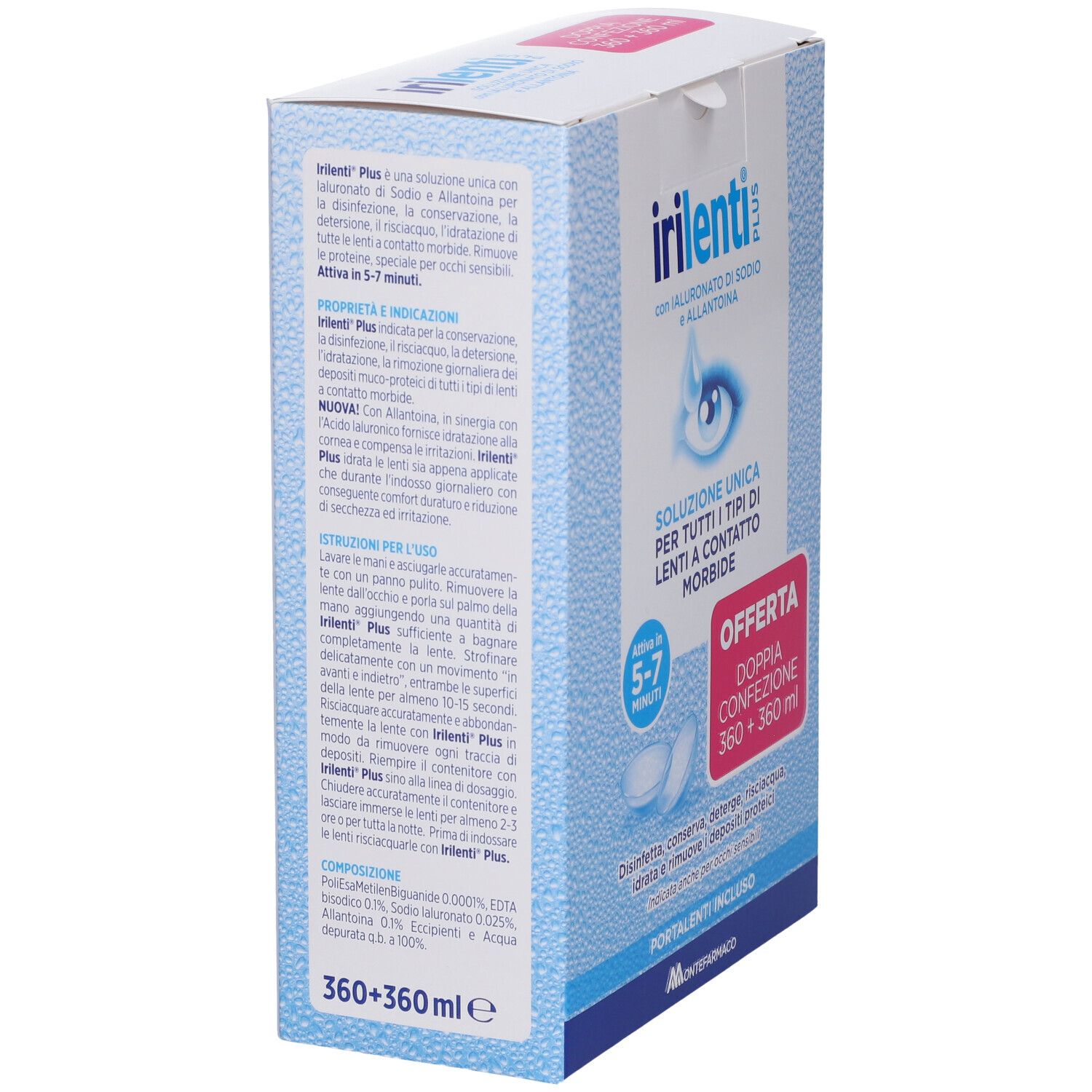Scatola di IRILENTI PLUS, angolata. Confezione blu con informazioni e logo. Doppia confezione.