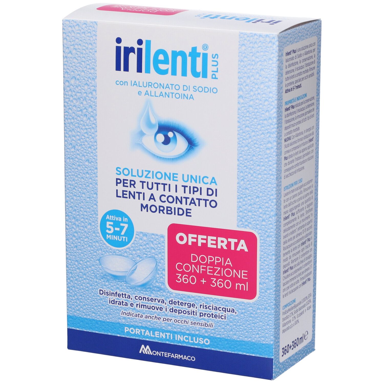 Confezione di IRILENTI PLUS. Scatola blu con informazioni e logo. Doppia confezione.