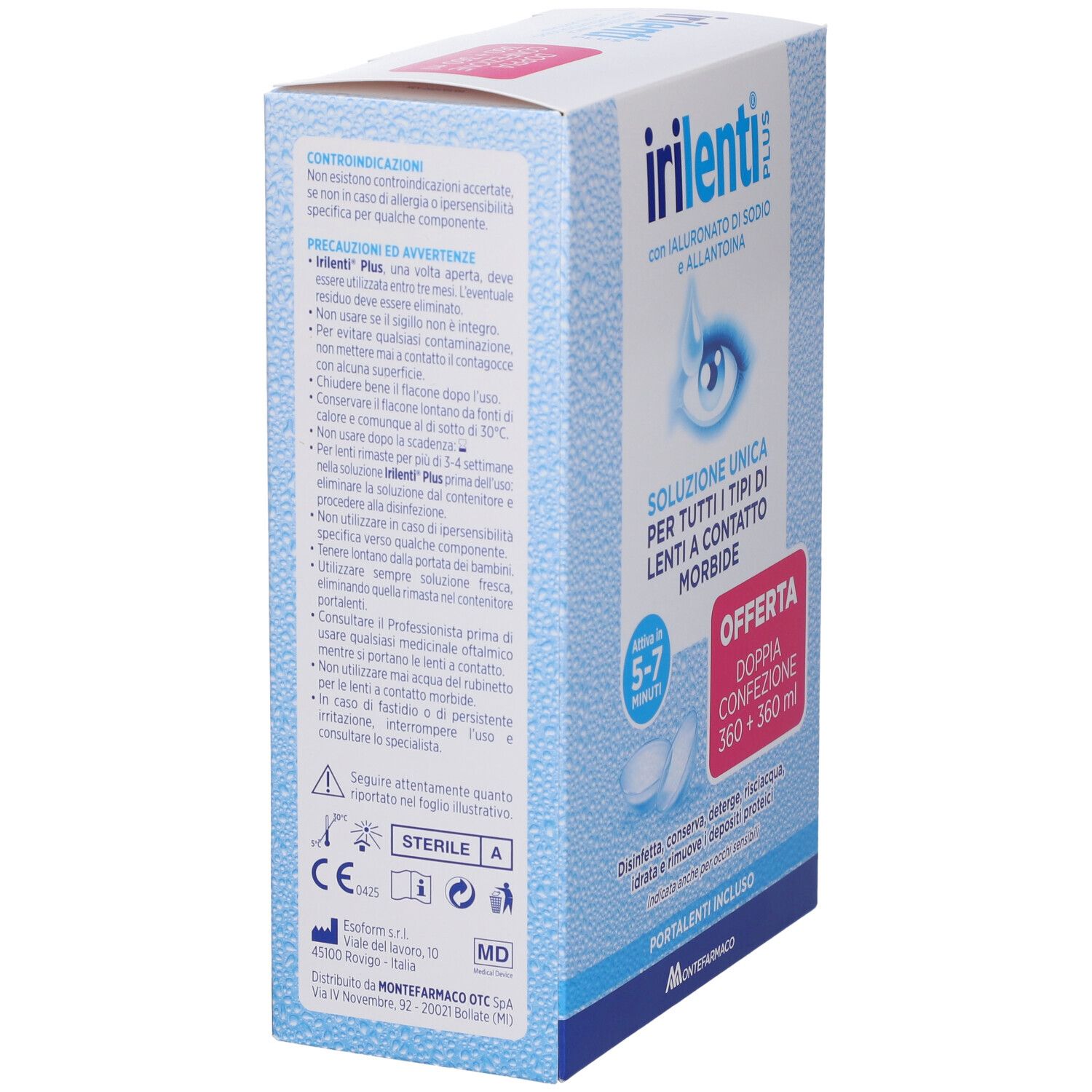 Scatola di IRILENTI PLUS, angolata. Confezione blu con informazioni e logo. Doppia confezione.