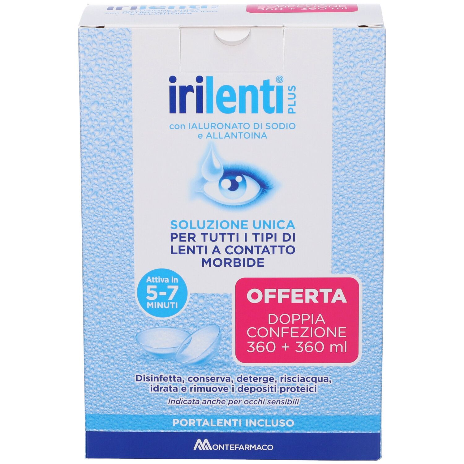 Confezione di IRILENTI PLUS. Scatola blu con informazioni e logo. Doppia confezione.
