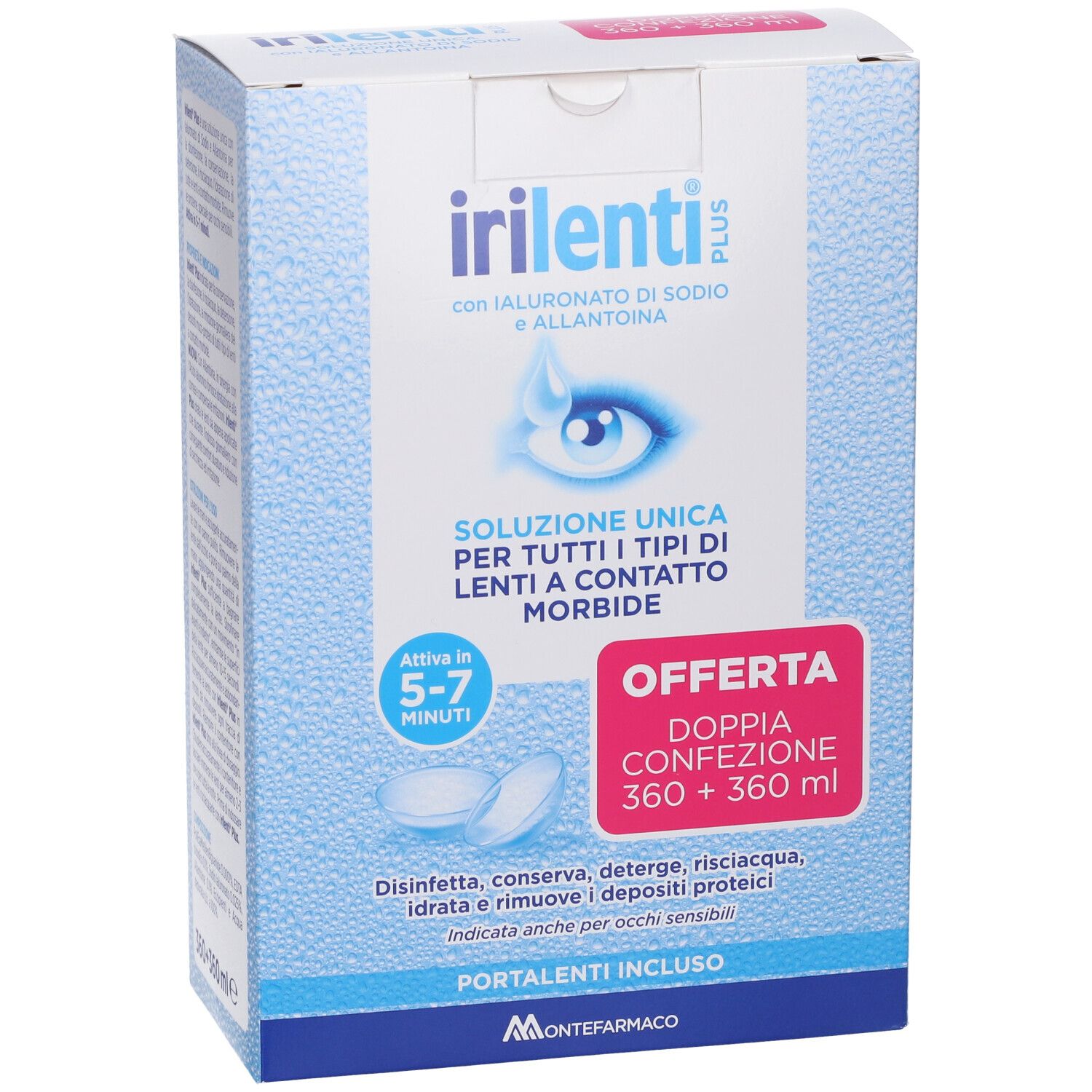 Confezione di IRILENTI PLUS. Scatola blu con informazioni e logo. Doppia confezione.