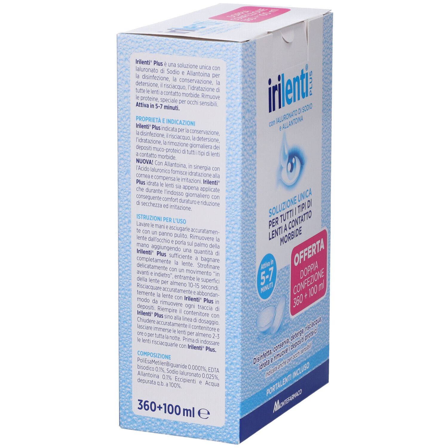 Lato confezione Irilenti Plus. Scatola blu con testo e logo. Contiene informazioni sulla soluzione per lenti.