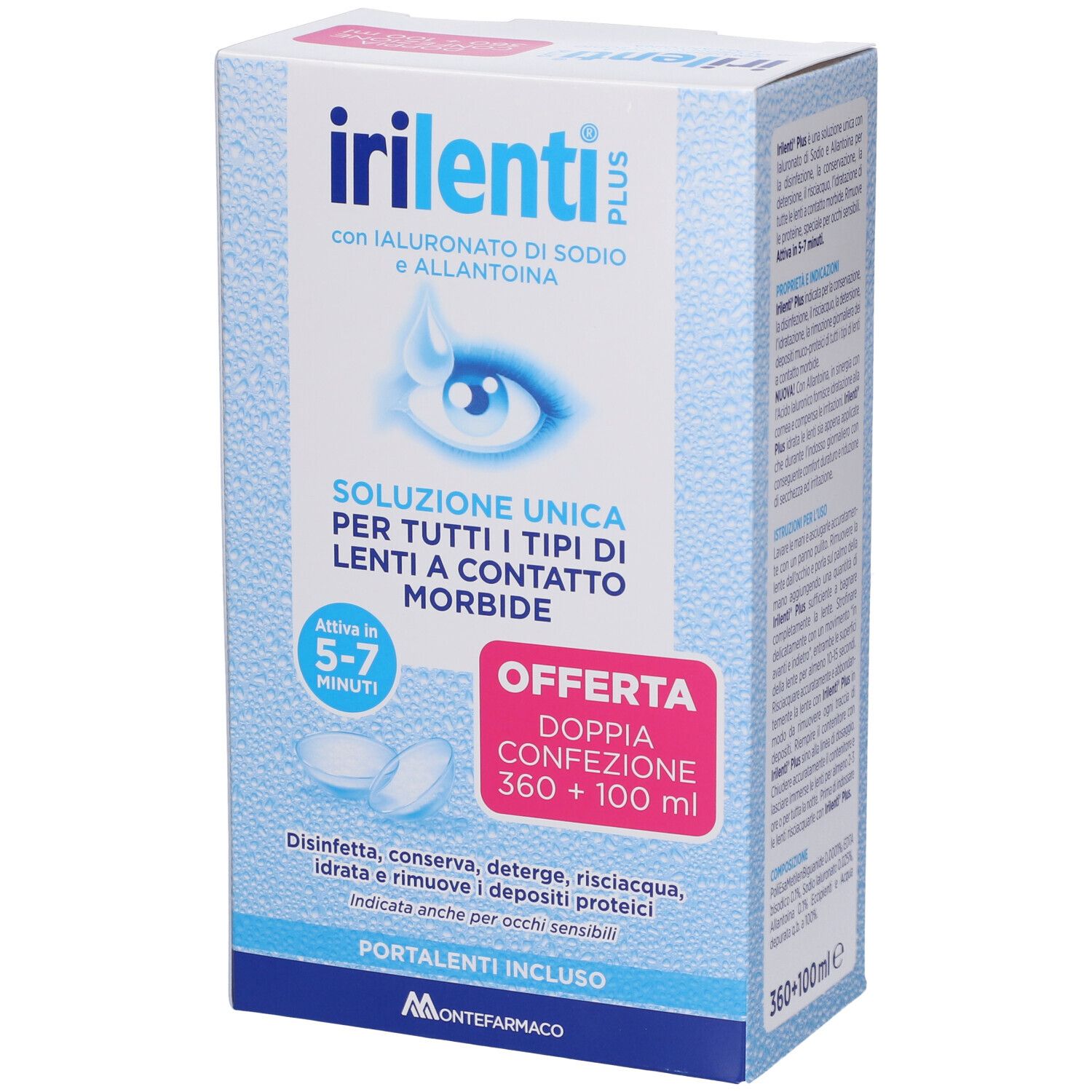 Confezione Irilenti Plus. Scatola blu con informazioni e logo. Contiene soluzione per lenti a contatto.