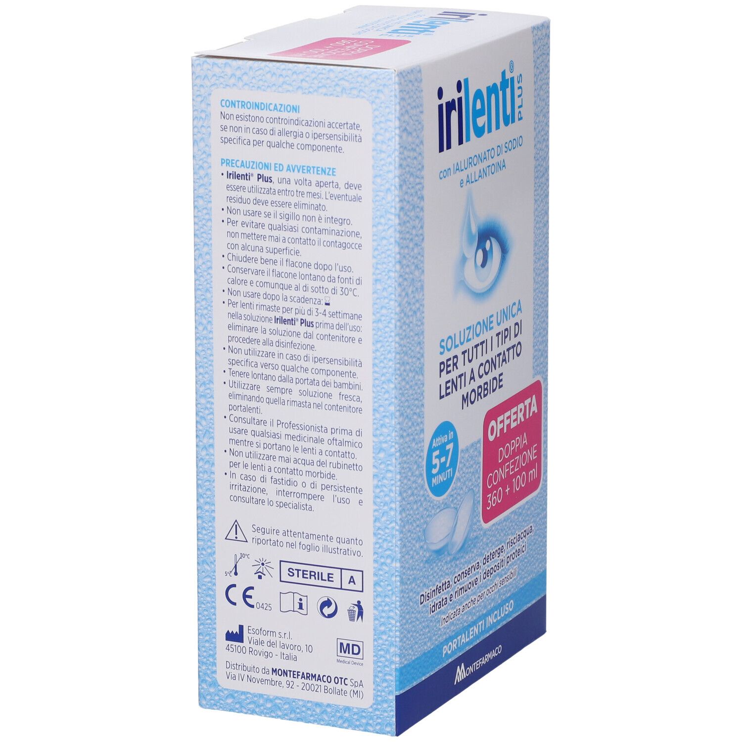 Lato confezione Irilenti Plus. Scatola blu con testo e logo. Contiene informazioni sulla soluzione per lenti.