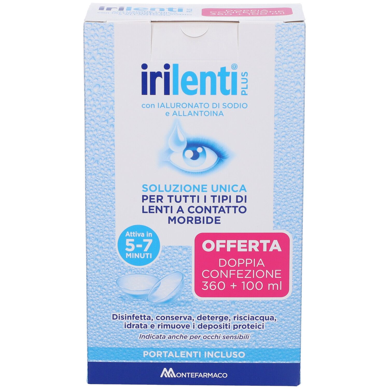 Confezione Irilenti Plus. Scatola blu con informazioni e logo. Contiene soluzione per lenti a contatto.