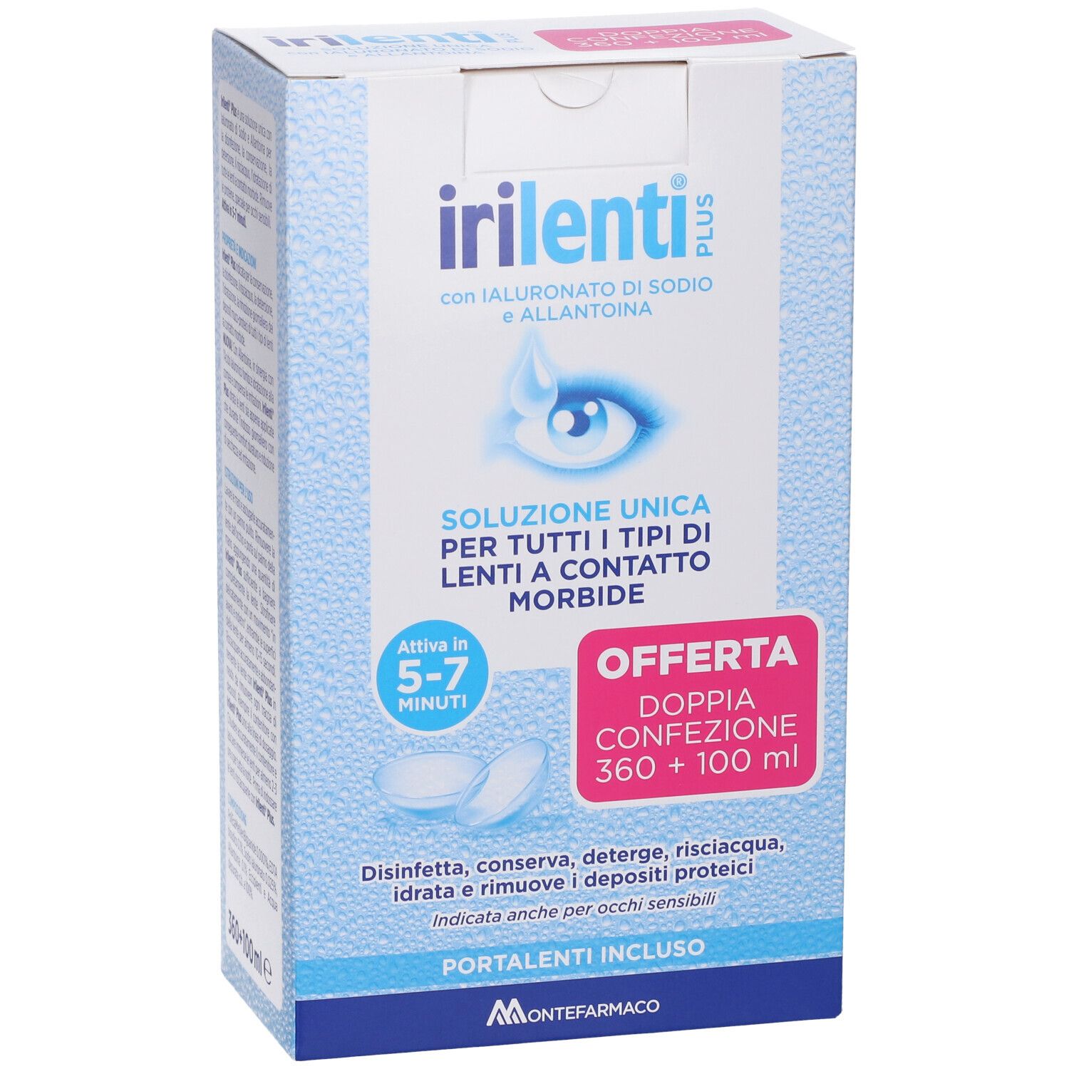 Confezione Irilenti Plus. Scatola blu con informazioni e logo. Contiene soluzione per lenti a contatto.