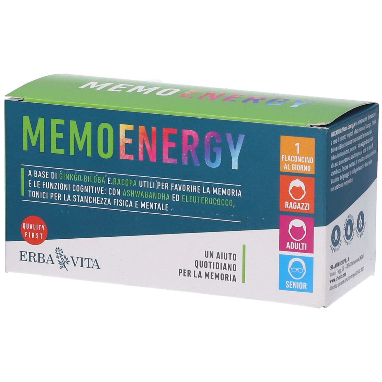 Confezione Erba Vita Memoenergy. Scatola verde-blu con nome e loghi. Contiene fiale.