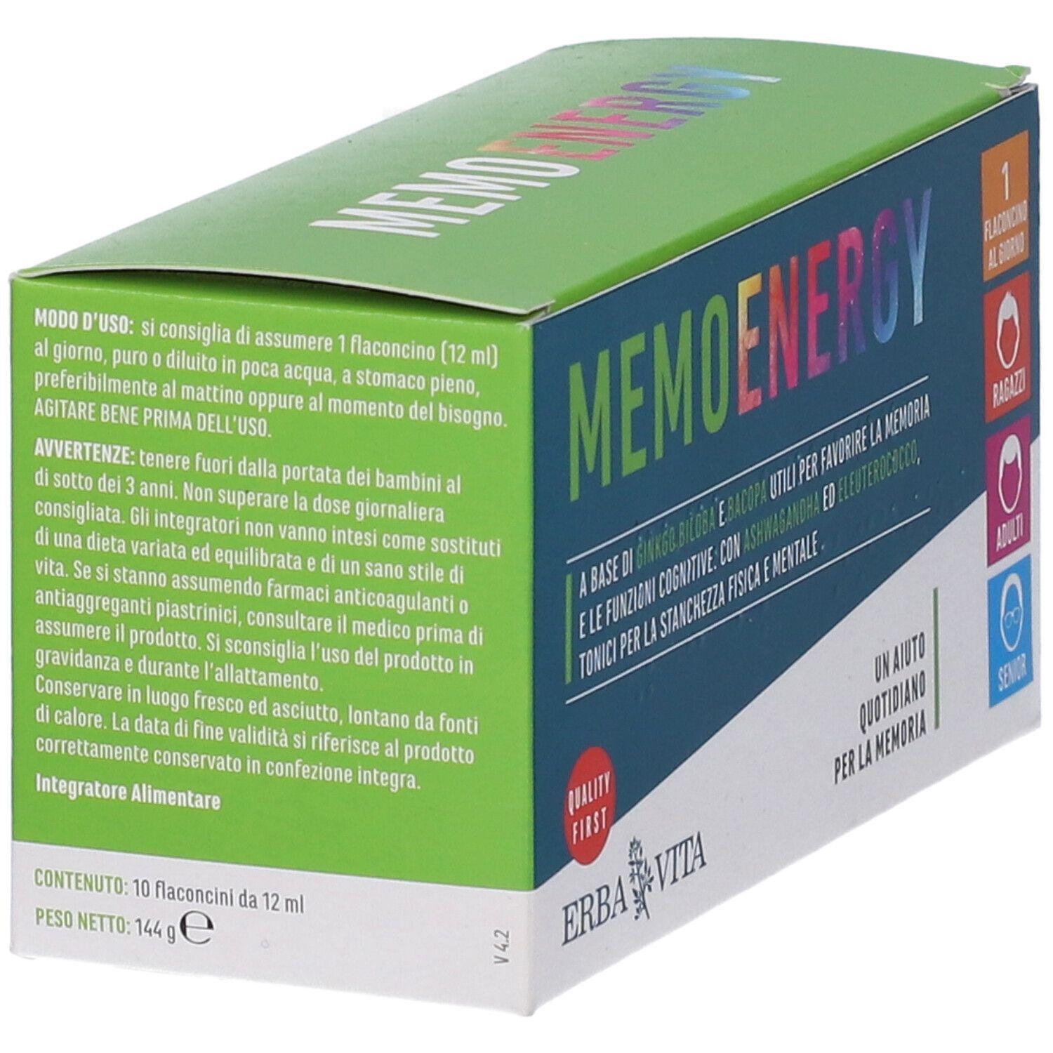 Confezione Erba Vita Memoenergy. Scatola verde-blu con nome e loghi. Contiene fiale.