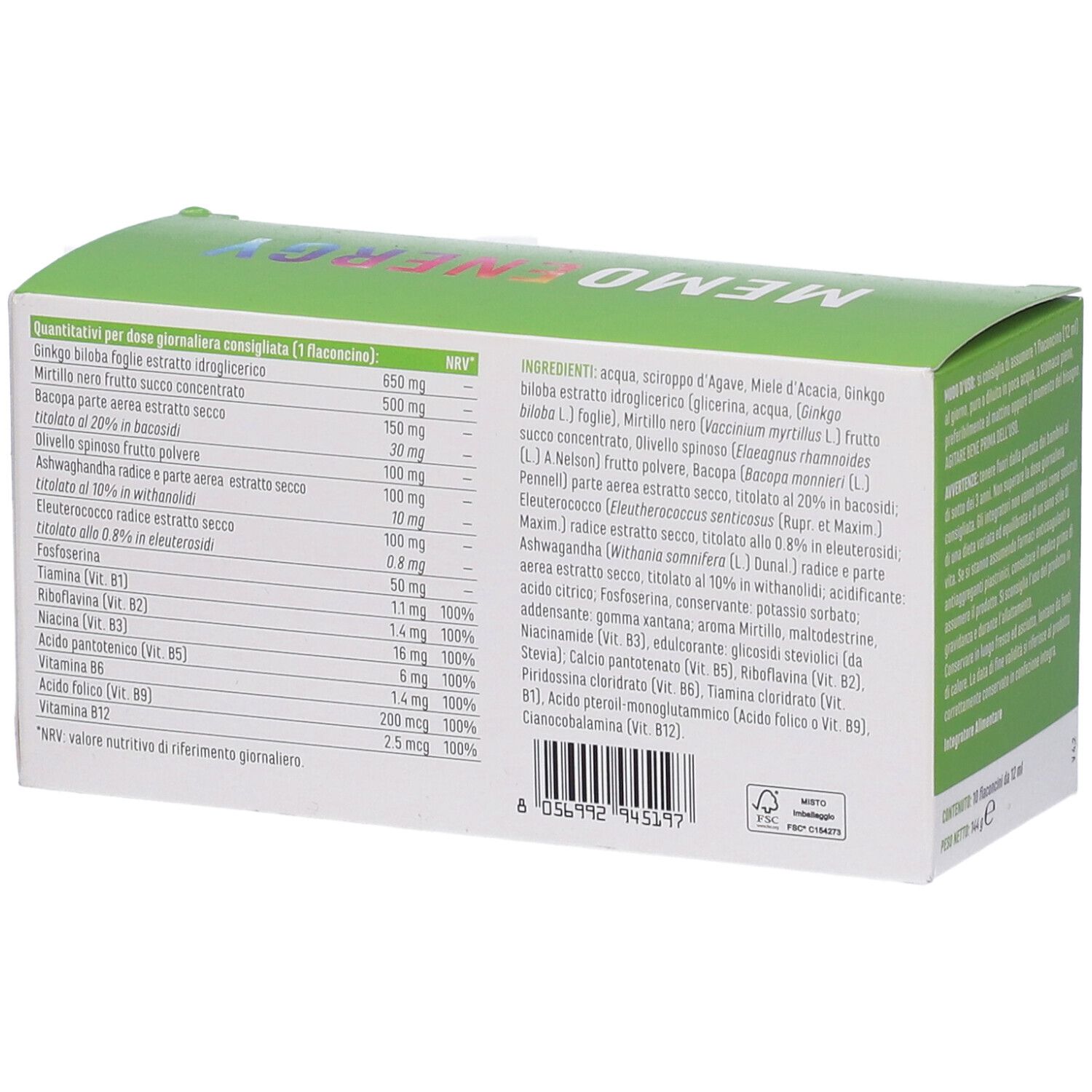 Confezione Erba Vita Memoenergy. Scatola verde-blu con nome e loghi. Contiene fiale.