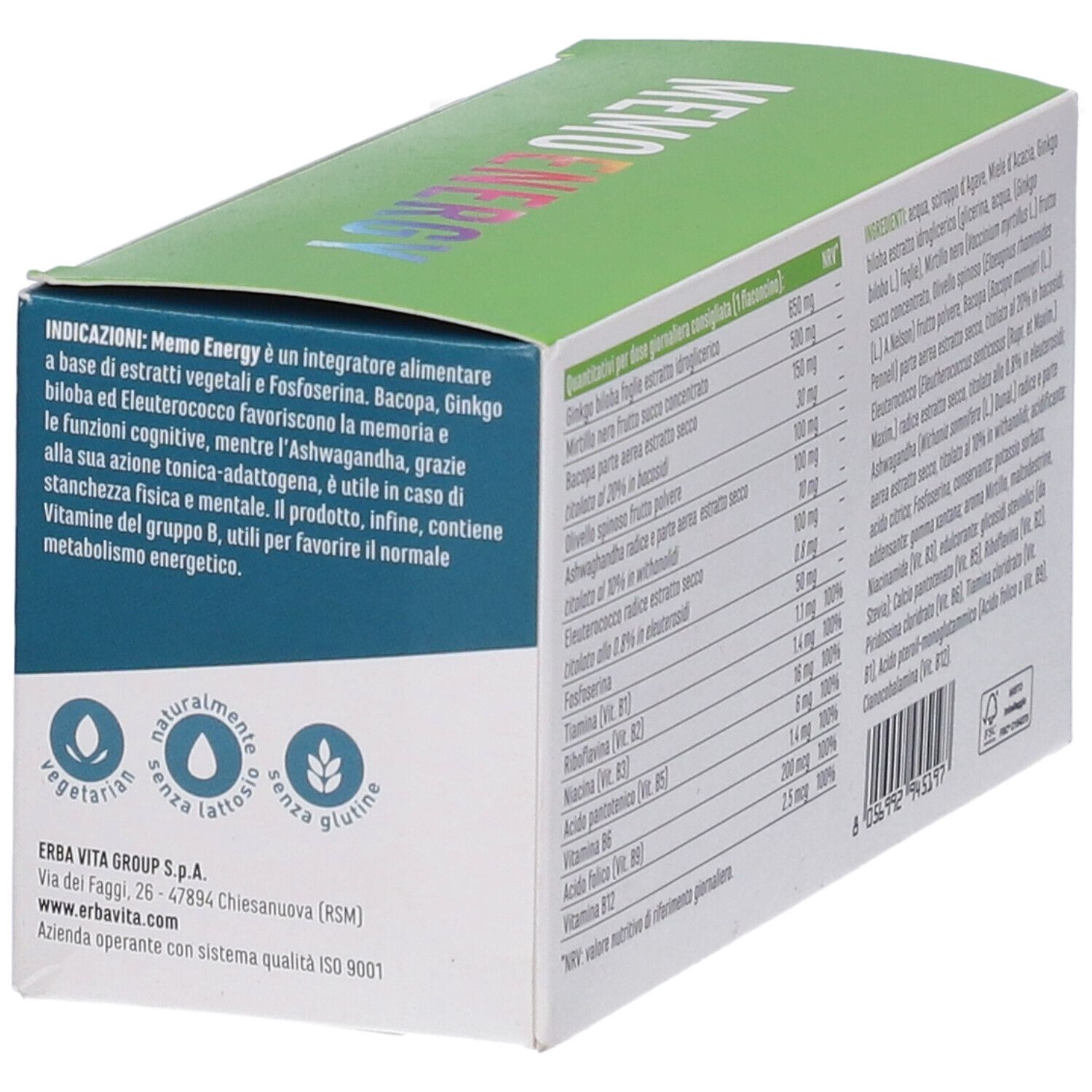Confezione Erba Vita Memoenergy. Scatola verde-blu con nome e loghi. Contiene fiale.