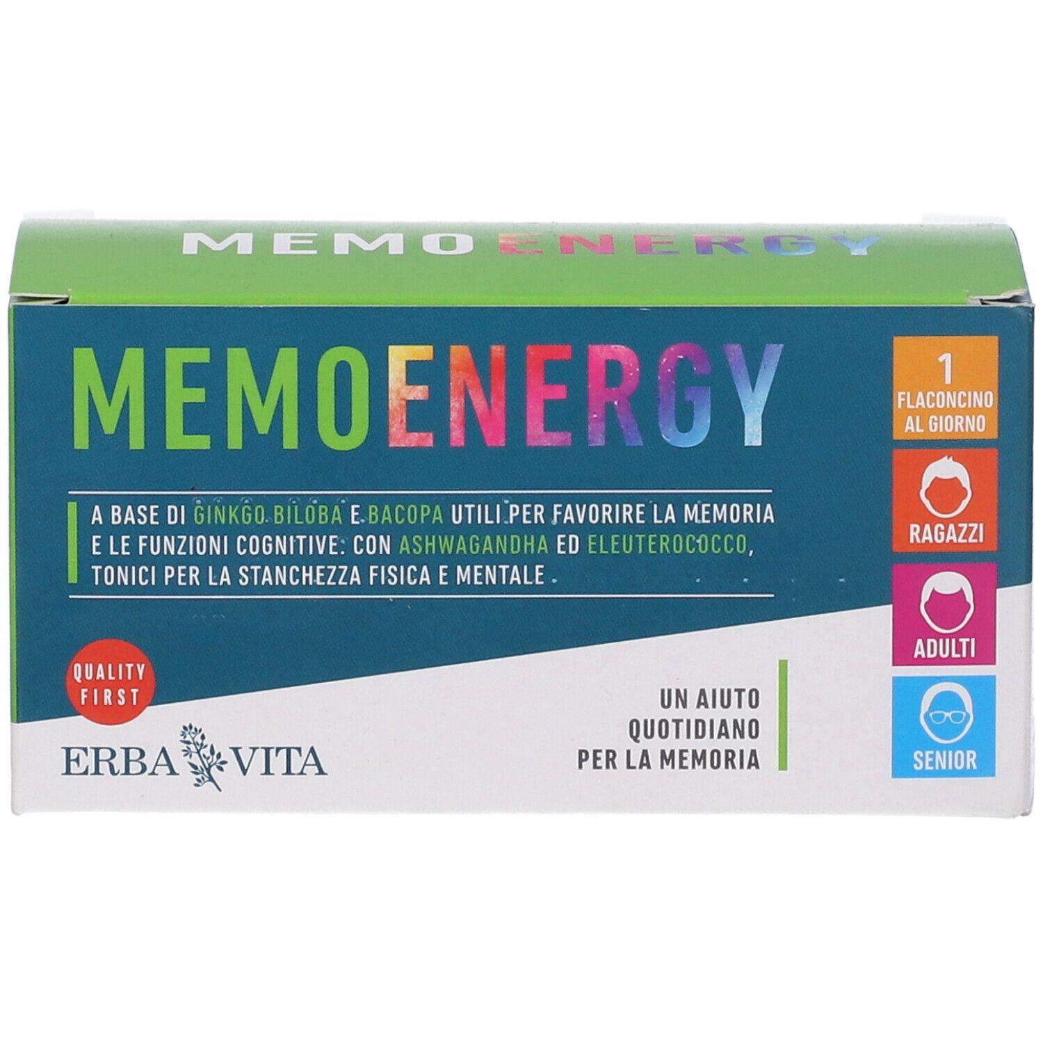 Confezione Erba Vita Memoenergy. Scatola verde-blu con nome e loghi. Contiene fiale.