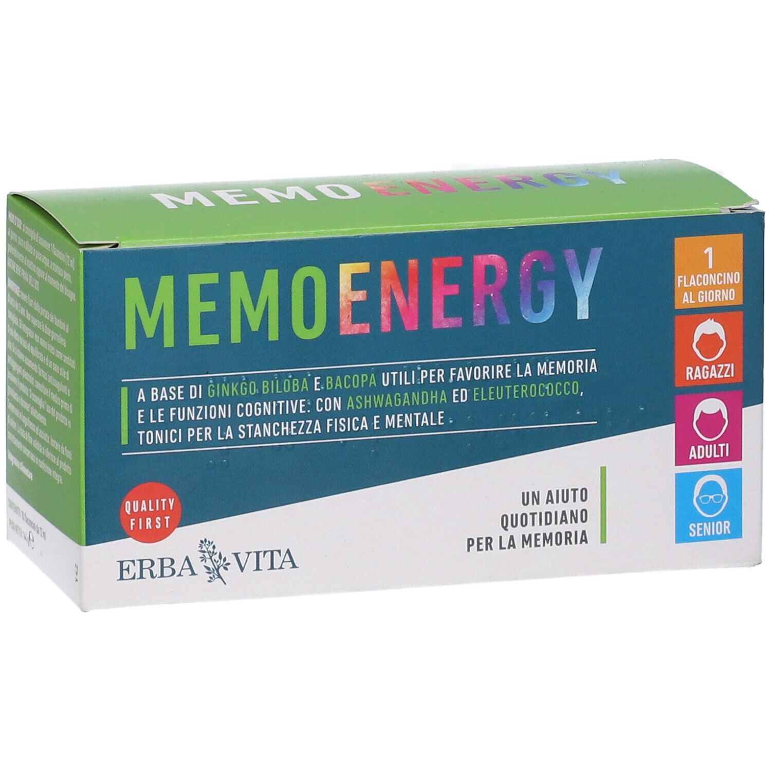 Confezione Erba Vita Memoenergy. Scatola verde-blu con nome e loghi. Contiene fiale.