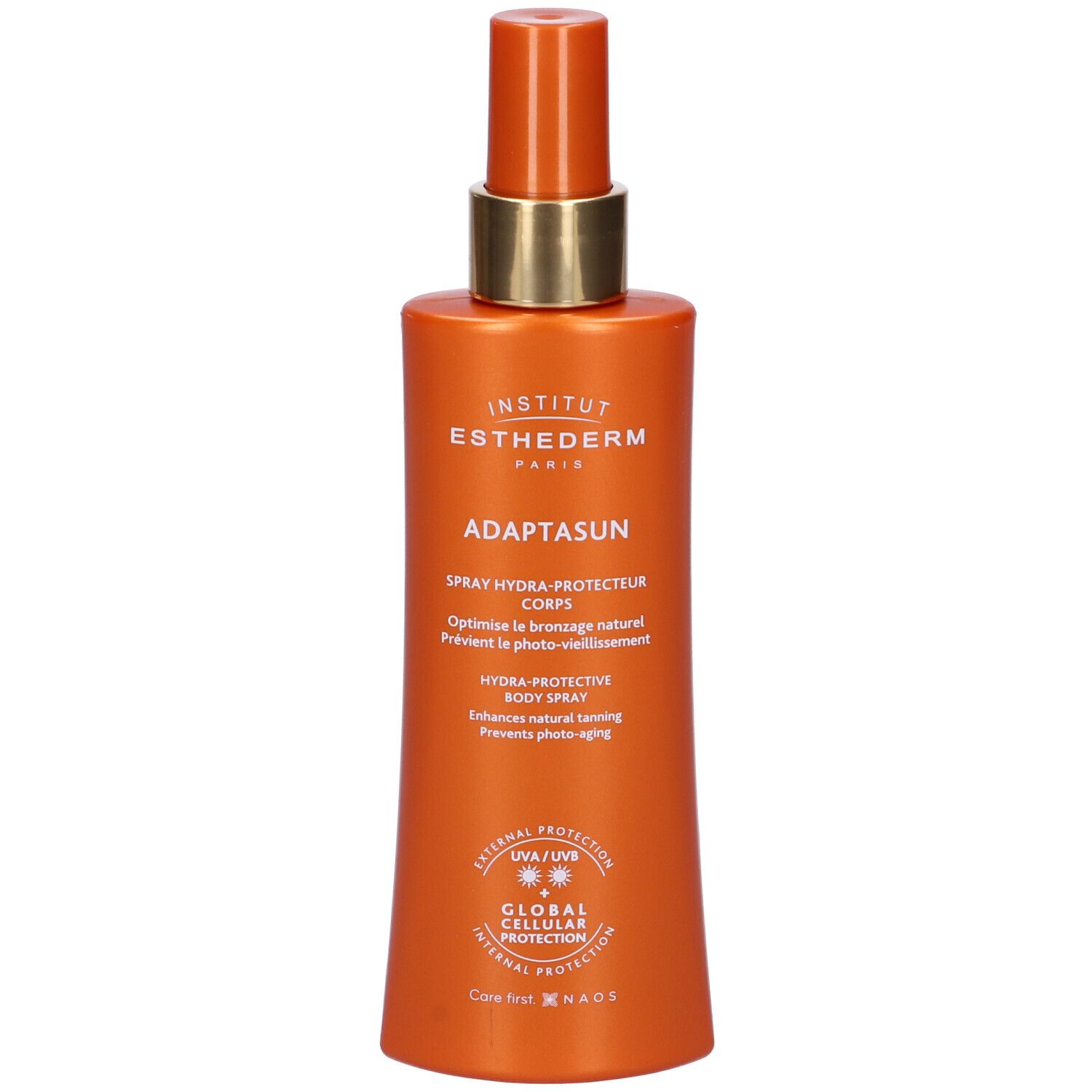 Spray Institut Esthederm Adaptasun. Flacone arancione con erogatore. Testo: Adaptasun, Hydra-Protective Body Spray.