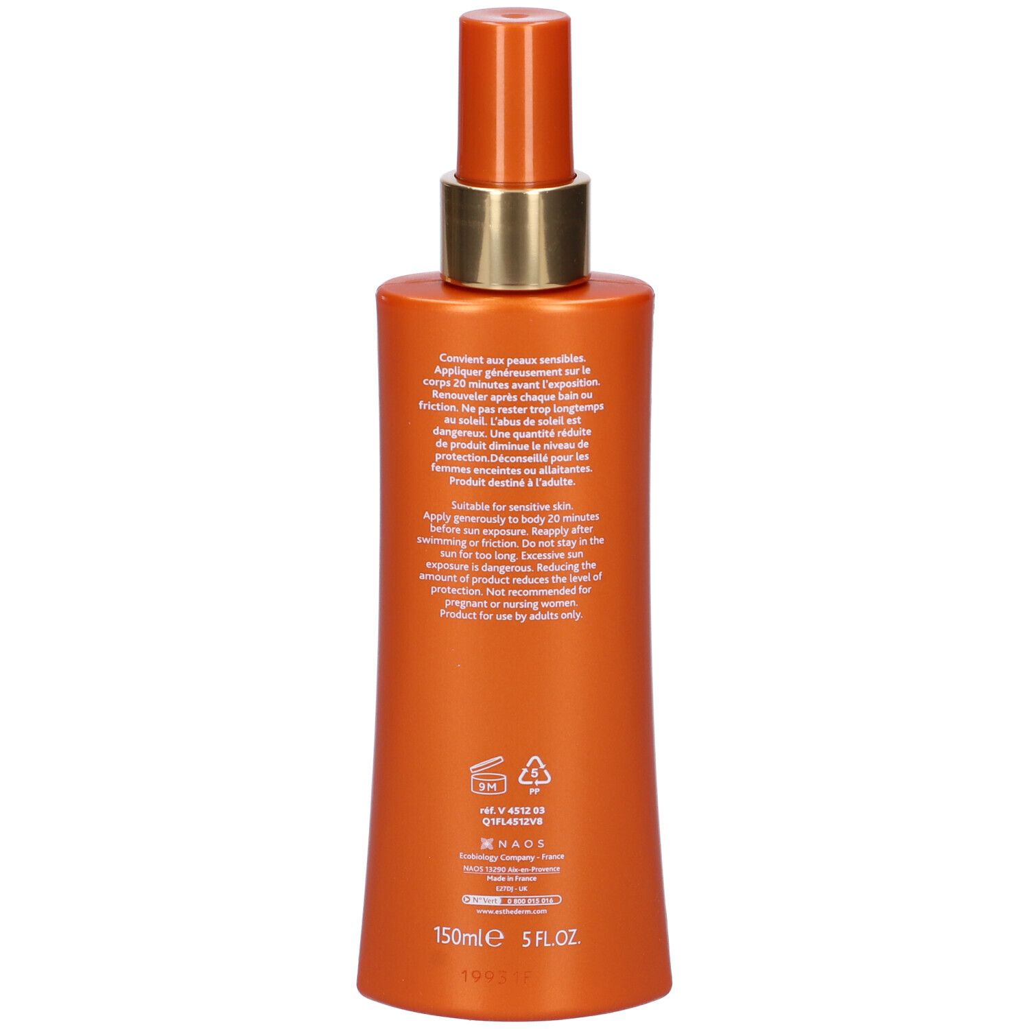 Retro del flacone Adaptasun Spray. Testo: istruzioni per l'uso, ingredienti, avvertenze. Flacone in plastica.