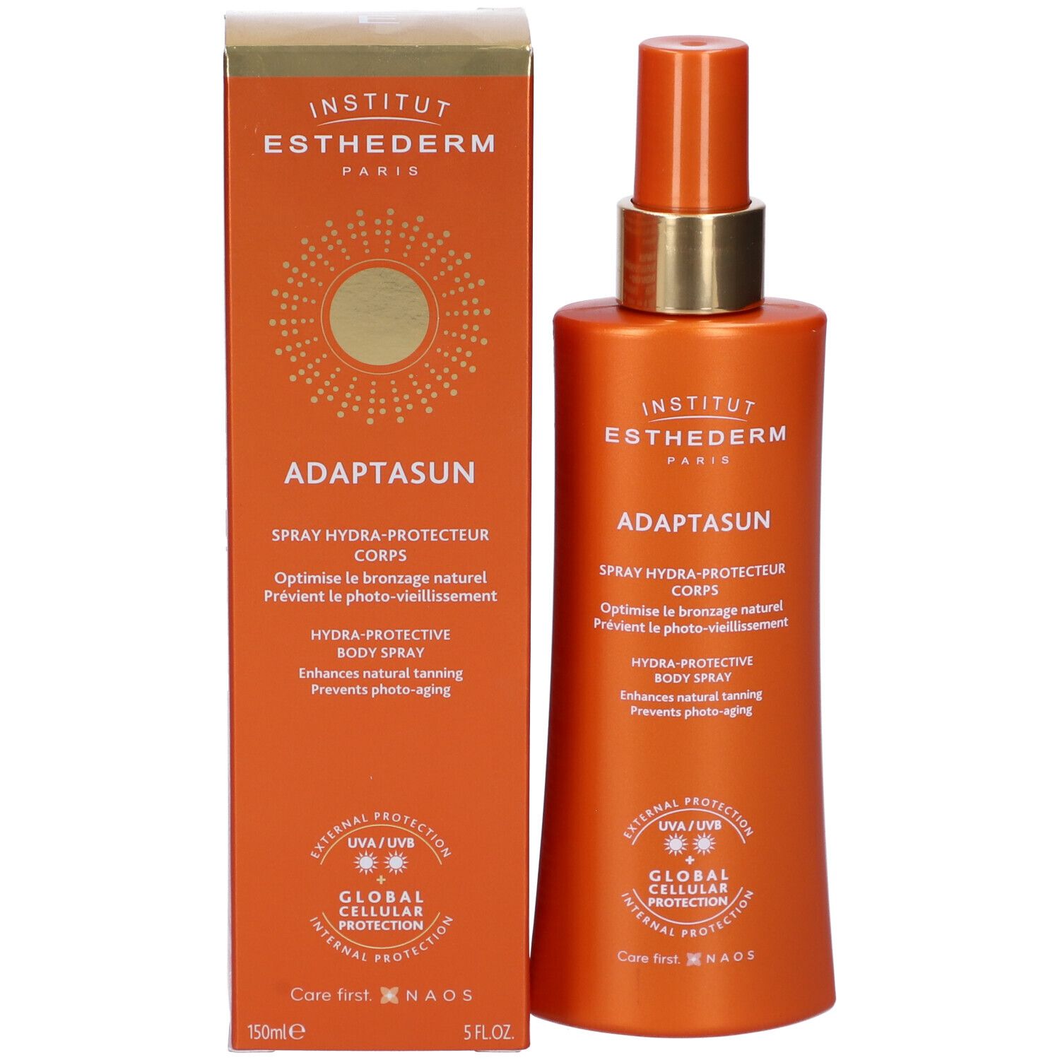 Adaptasun Spray e confezione. Confezione arancione con nome del prodotto e logo. Flacone spray accanto.