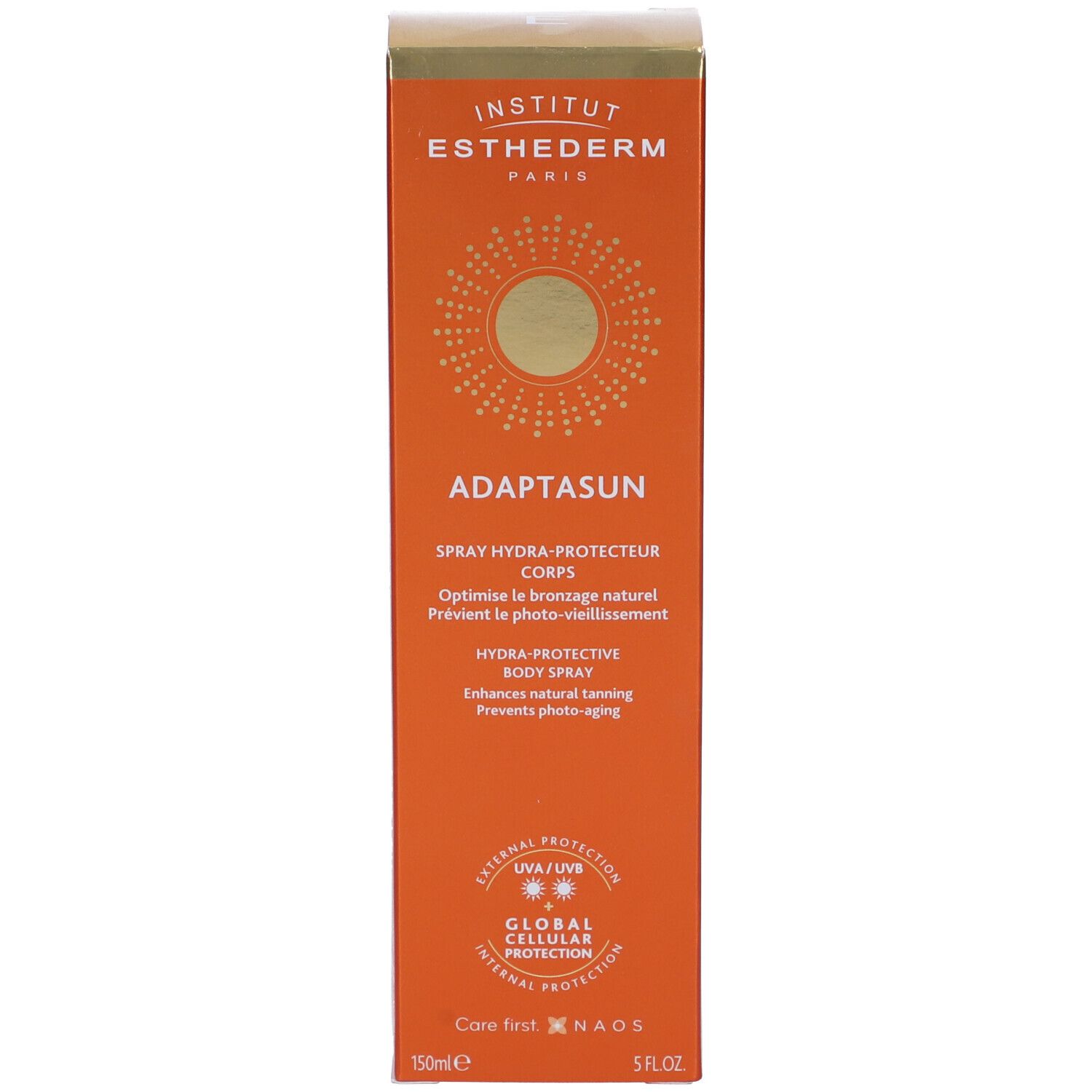 Confezione dello spray Adaptasun. Arancione con nome del prodotto e logo. Testo: Adaptasun, Hydra-Protective Body Spray.
