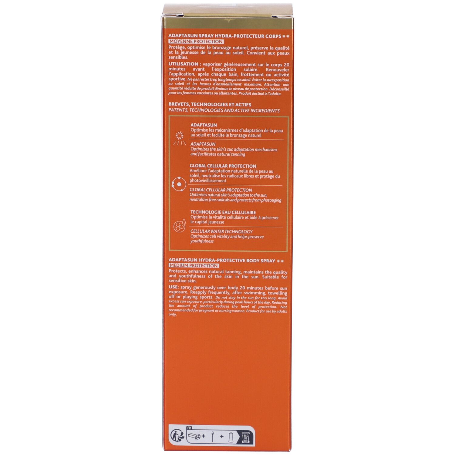 Confezione dello spray Adaptasun. Testo: utilizzo, ingredienti, tecnologie. Loghi e informazioni sul prodotto.
