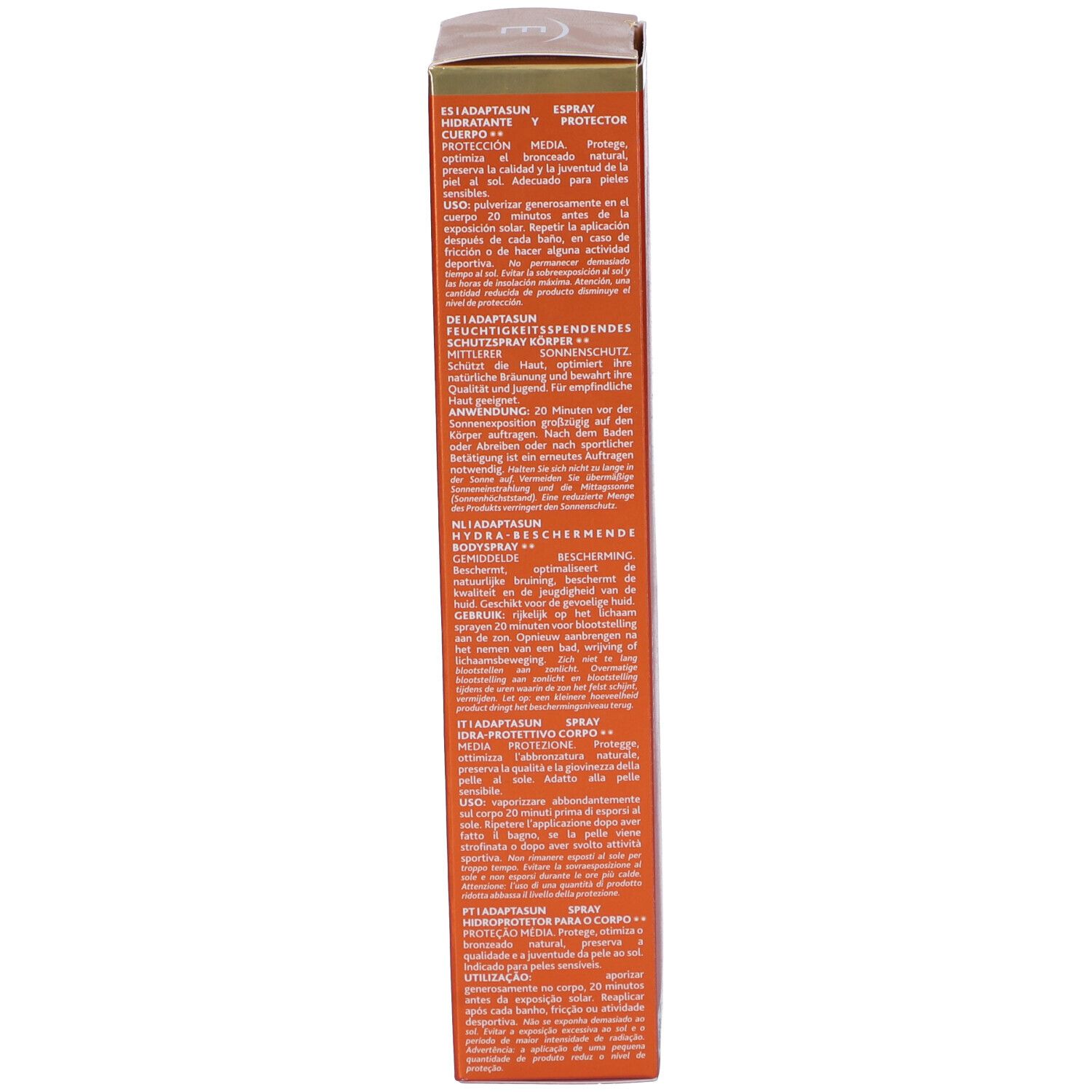 Confezione dello spray Adaptasun. Testo: utilizzo, ingredienti, informazioni sul prodotto in diverse lingue.