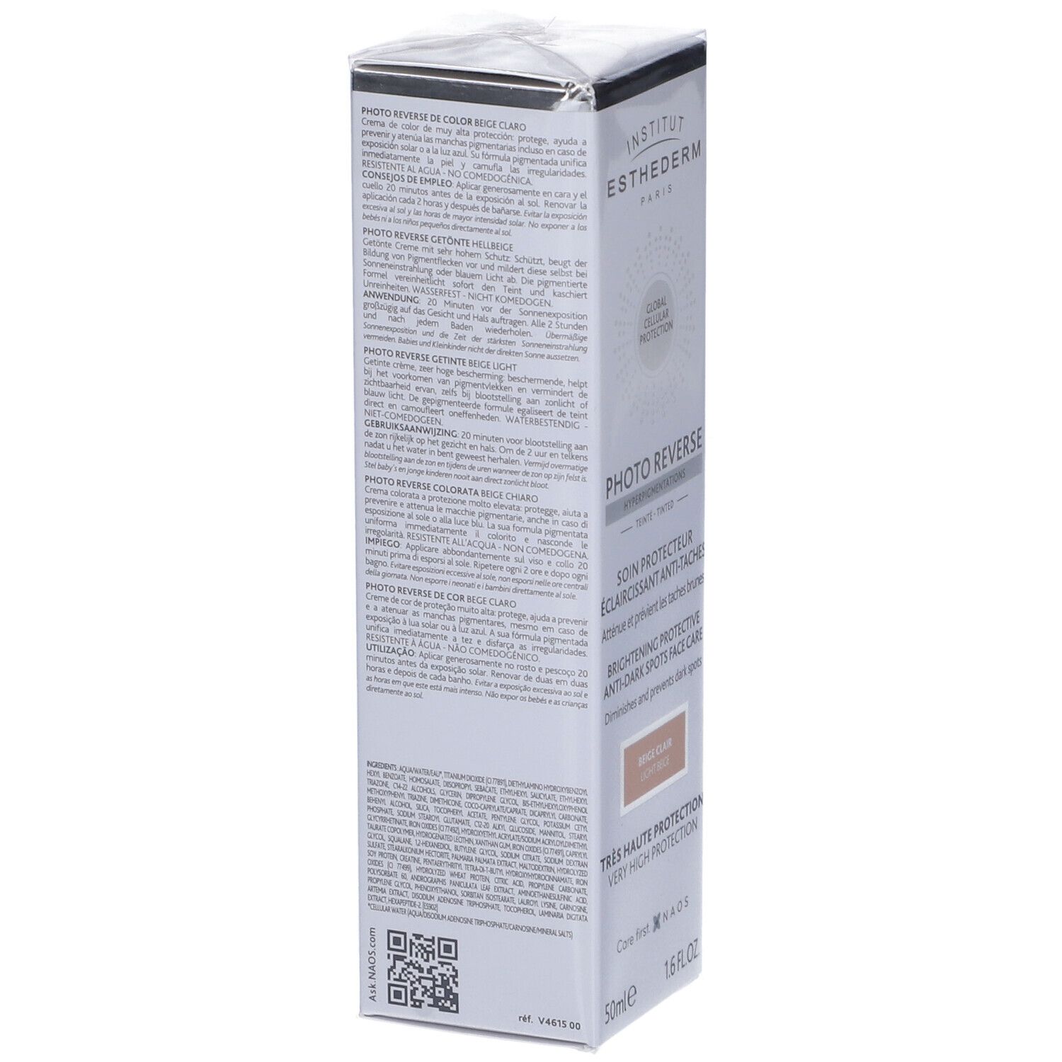 Institut Esthederm Photo Reverse, confezione. Retro con testo multilingue. Codice QR e 50ml.