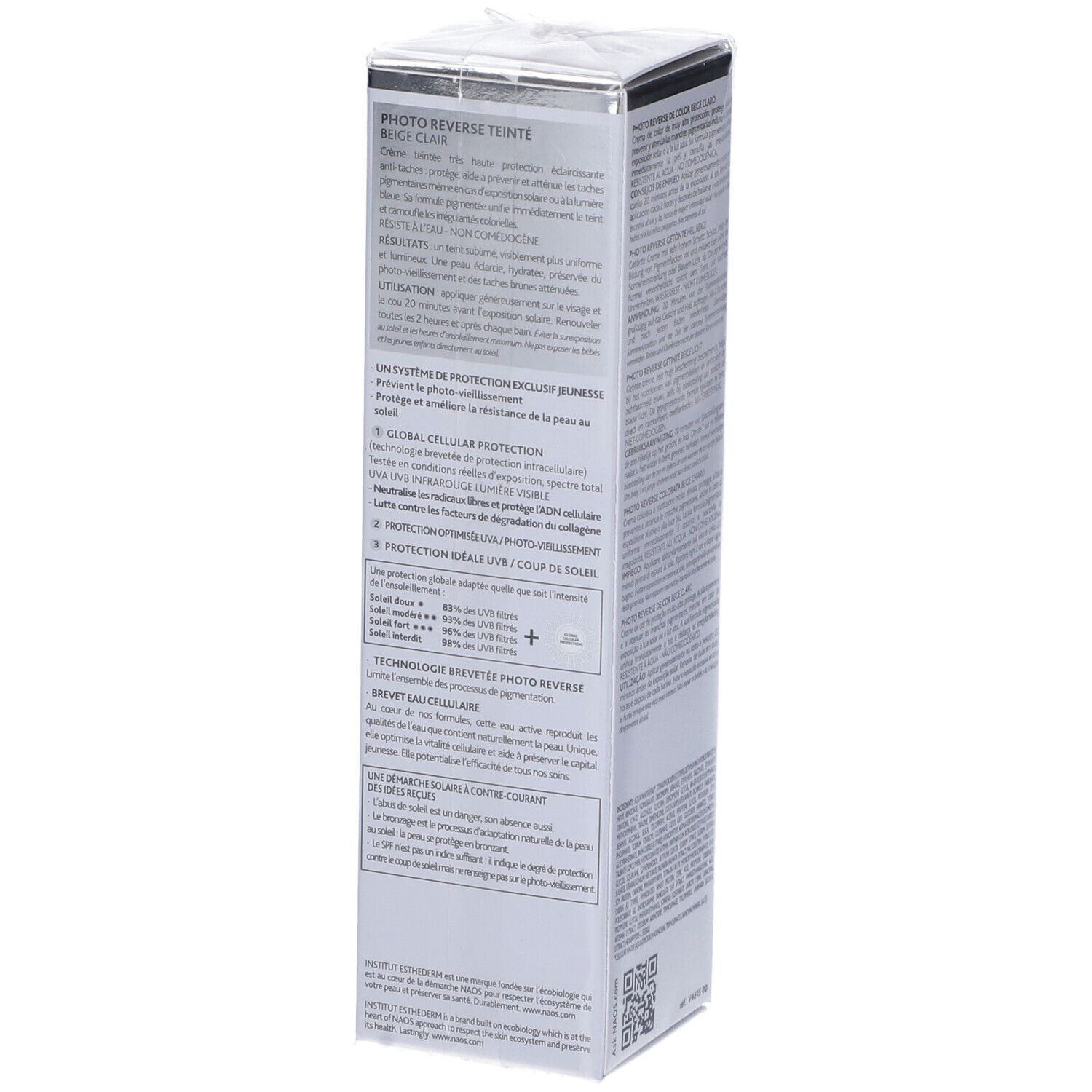 Institut Esthederm Photo Reverse, confezione. Lato con testo multilingue. 50ml.