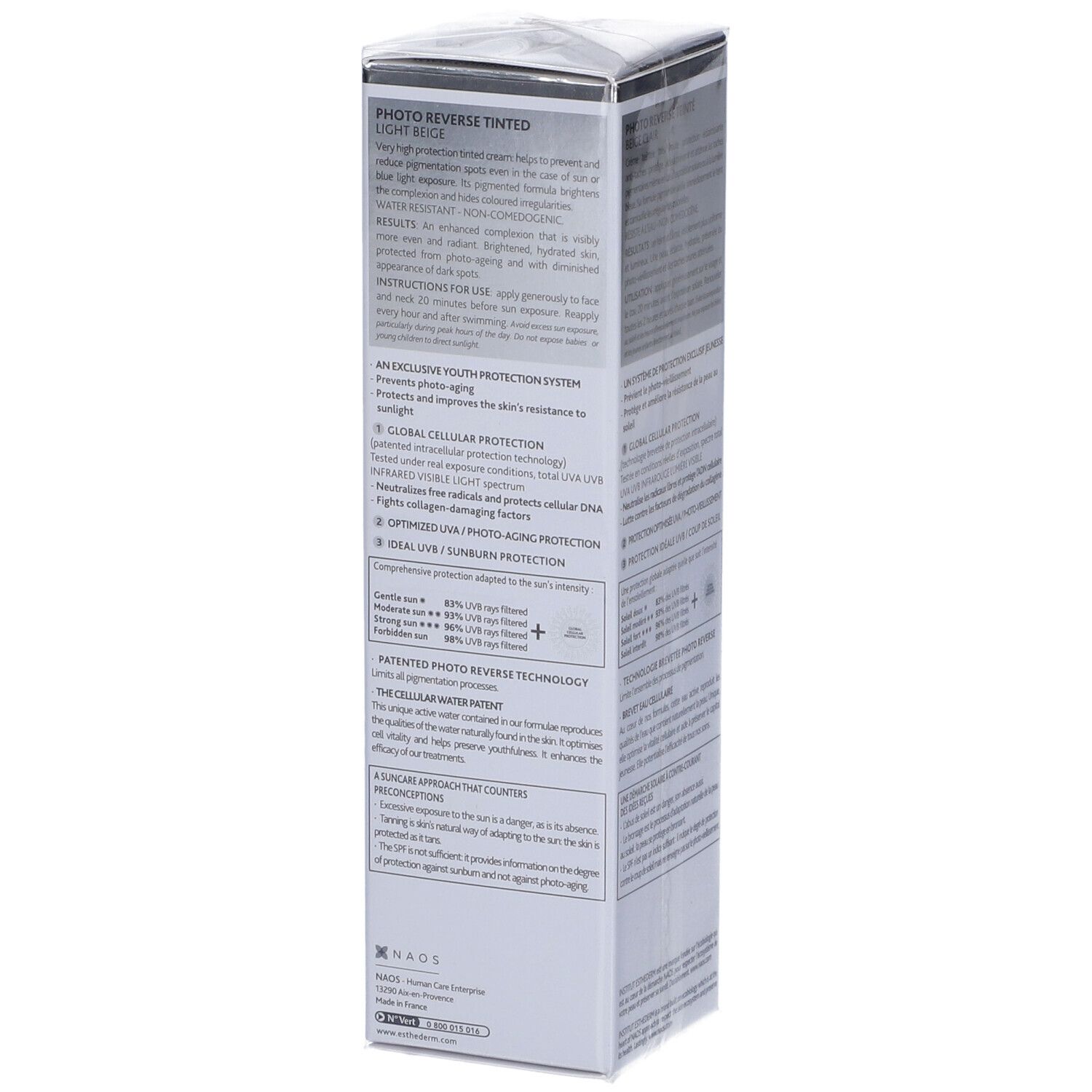 Institut Esthederm Photo Reverse, confezione. Lato con testo multilingue. 50ml.
