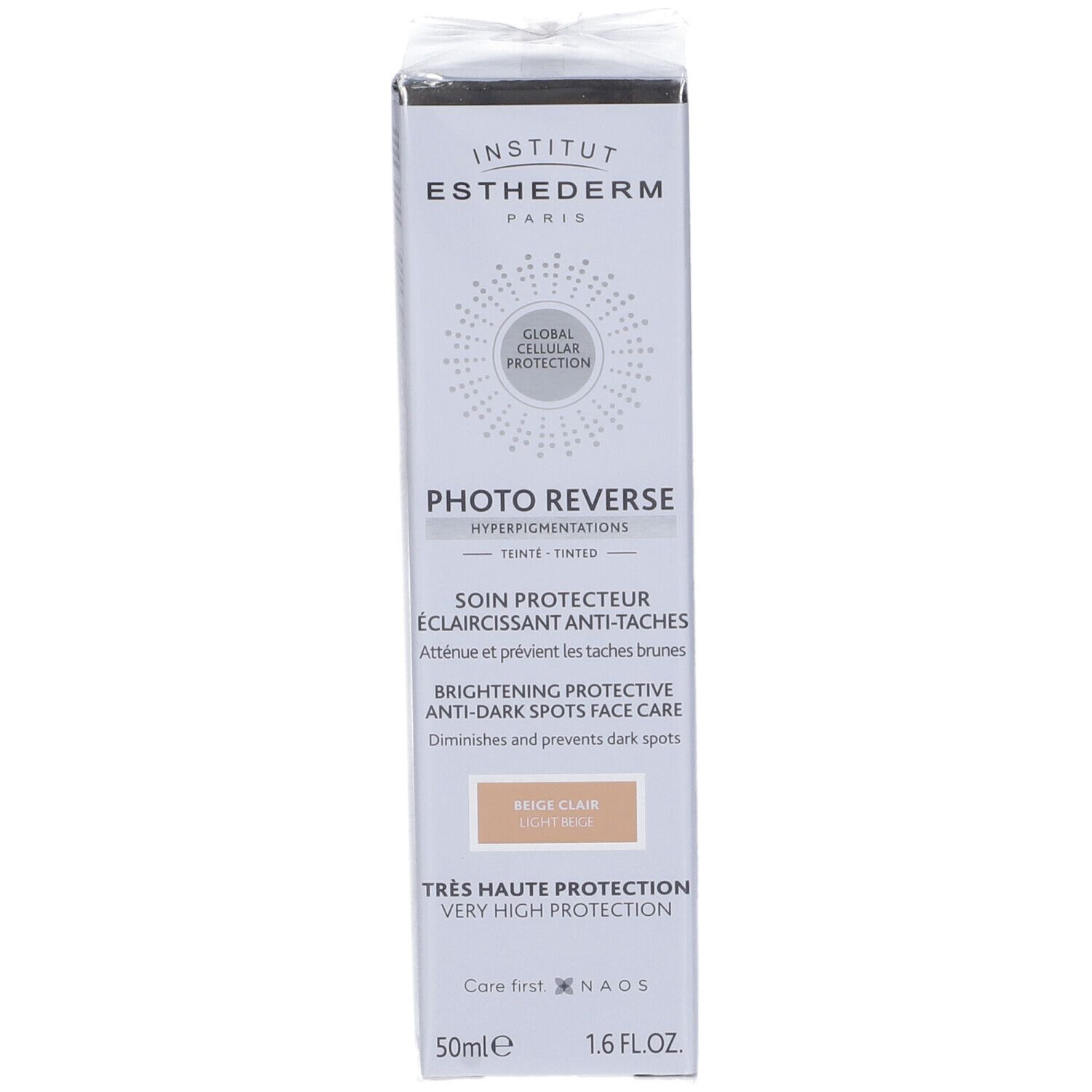 Institut Esthederm Photo Reverse, confezione. Beige Clair. Altissima protezione. 50ml. Testo in francese e inglese.