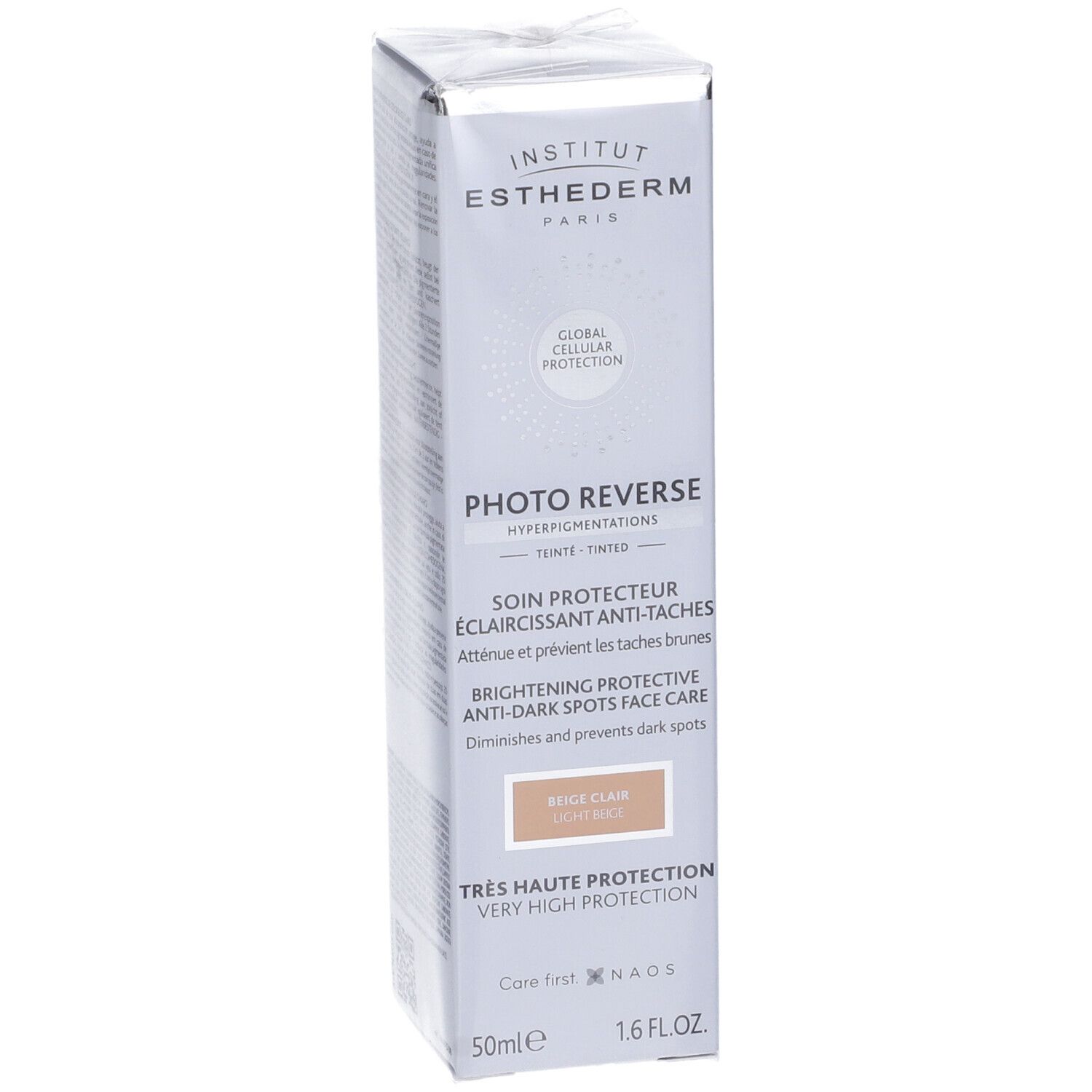 Institut Esthederm Photo Reverse, confezione. Beige Clair. Altissima protezione. 50ml. Testo in francese e inglese.