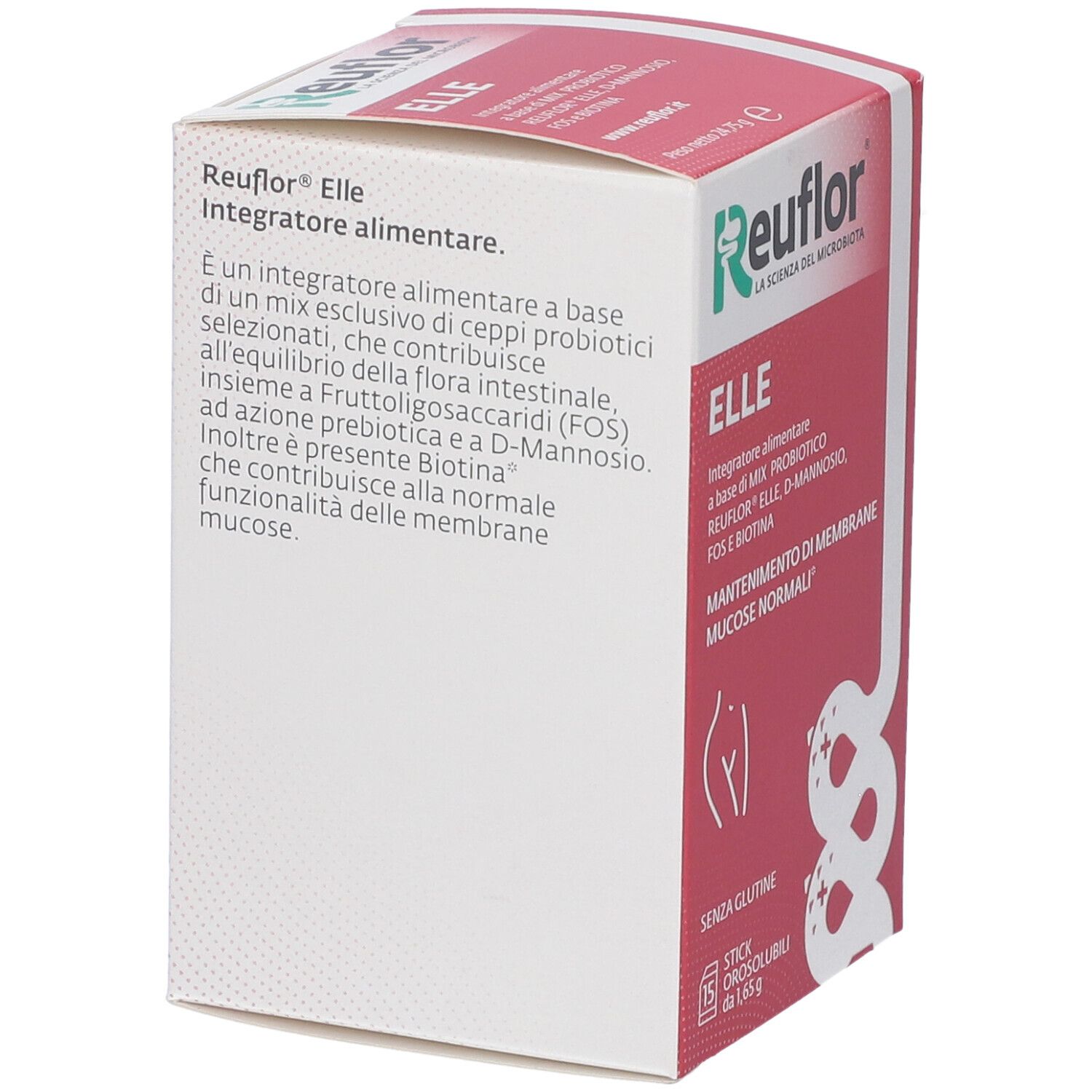 Confezione Reuflor ELLE. Confezione rosa e bianca con nome e ingredienti. Vista laterale.