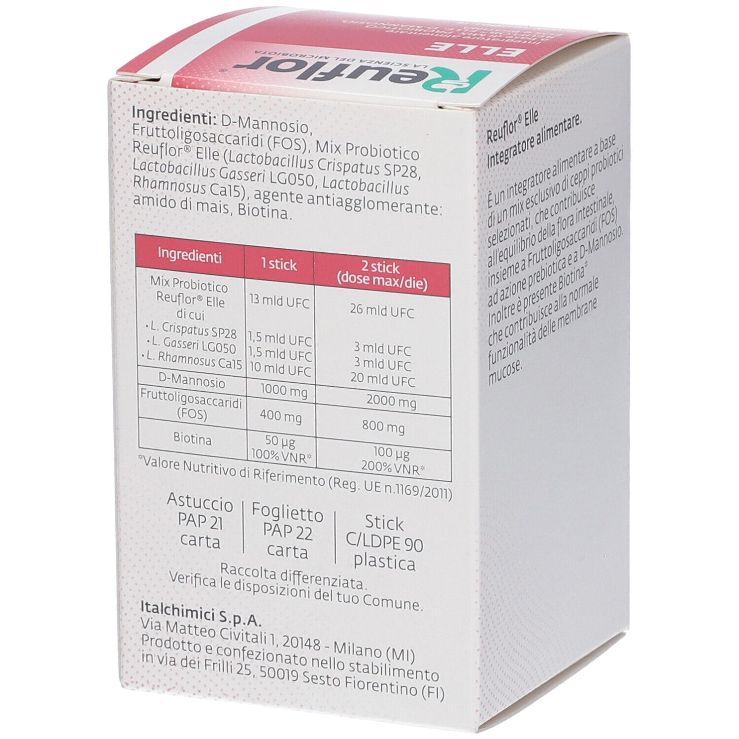 Confezione Reuflor ELLE. Retro con ingredienti e informazioni nutrizionali. Testo bianco su sfondo rosa.