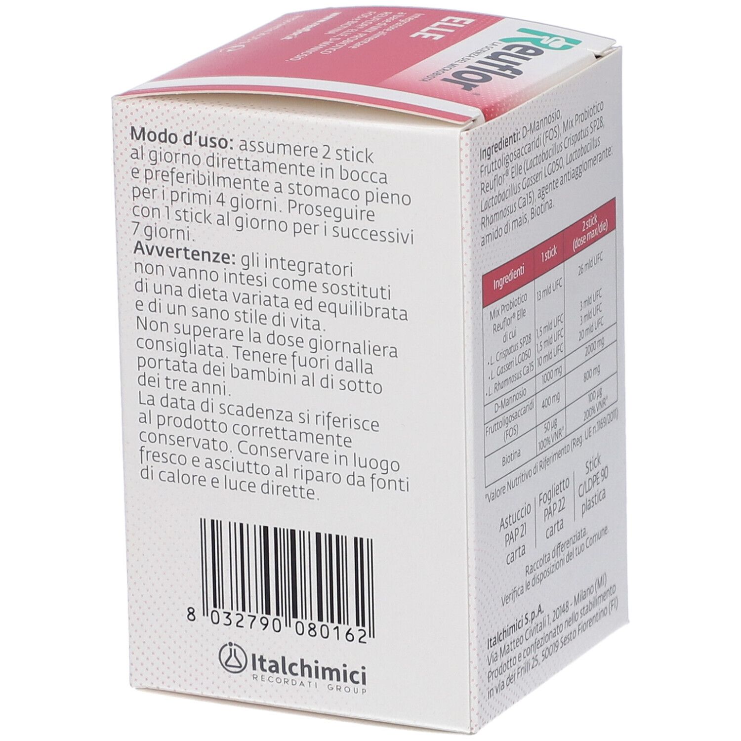 Confezione Reuflor ELLE. Retro con istruzioni per l'uso e avvertenze. Testo bianco su rosa.