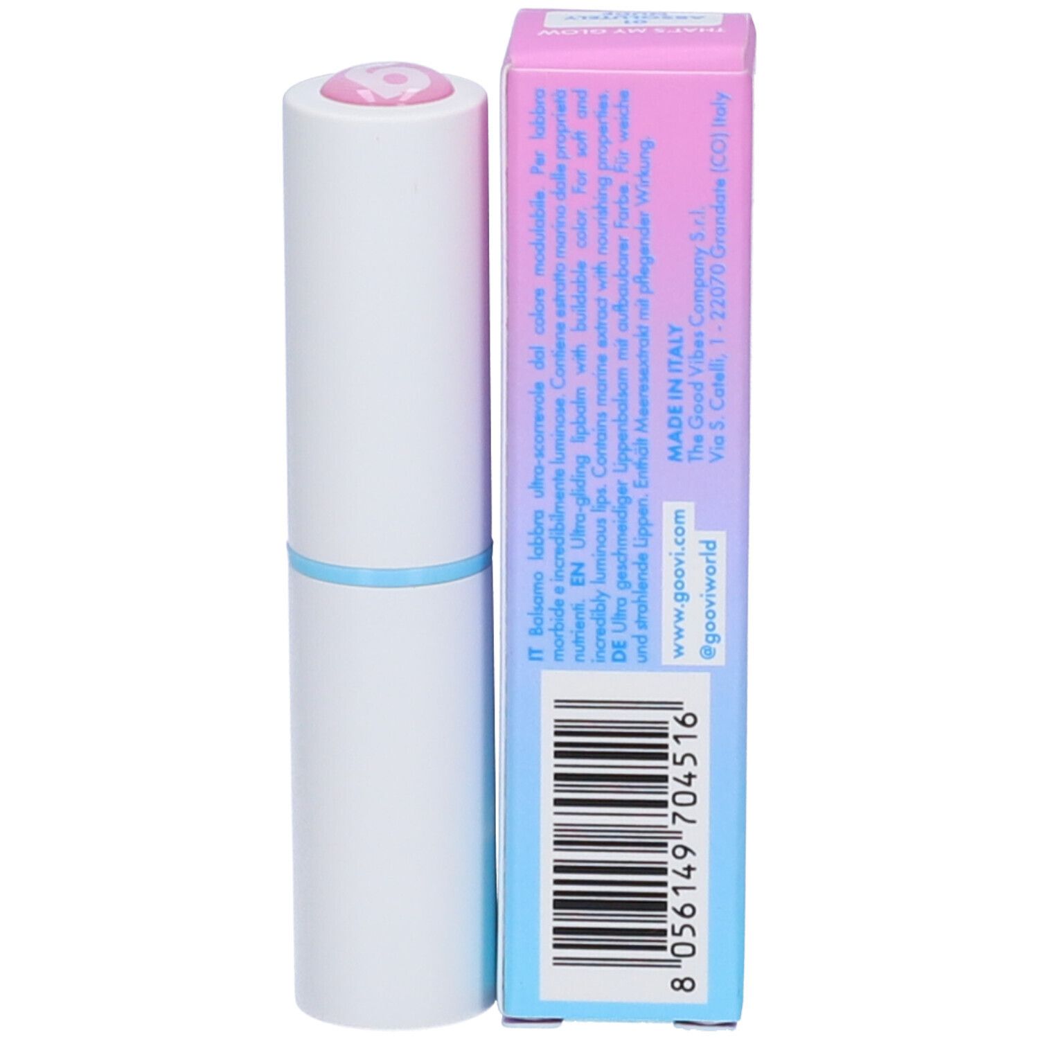 Rossetto e confezione. Confezione sfumata, scritta 'goovi'. Rossetto bianco con anello azzurro e punta rosa.