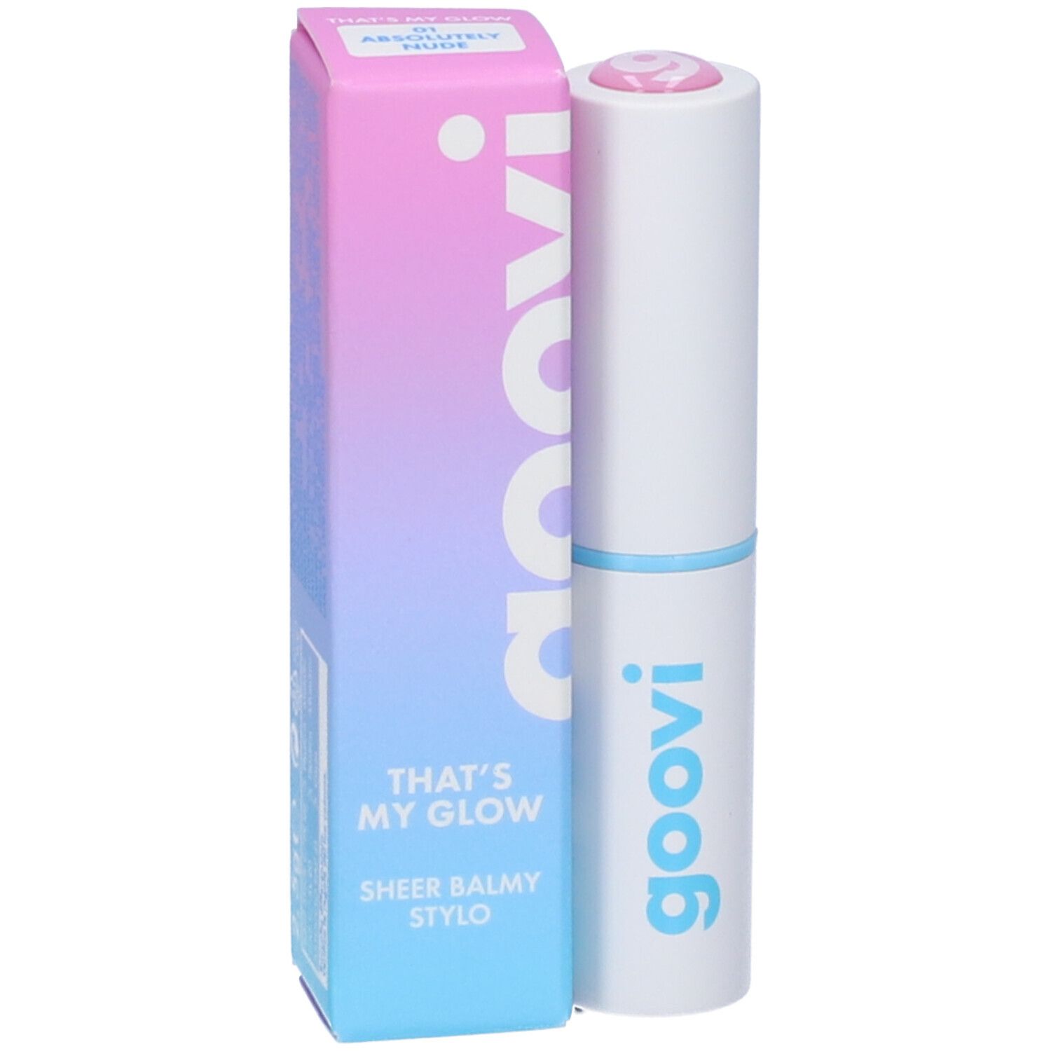 Rossetto e confezione. Confezione sfumata, scritta 'goovi'. Rossetto bianco con anello azzurro e punta rosa.