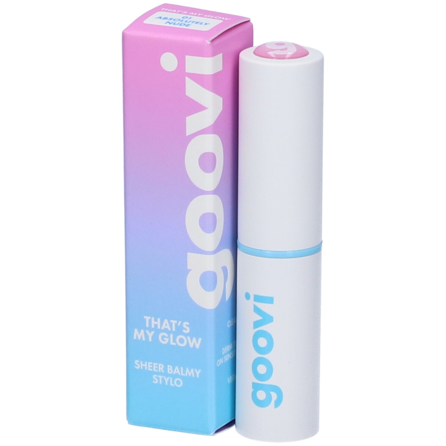 Rossetto e confezione. Confezione sfumata, scritta 'goovi'. Rossetto bianco con anello azzurro e punta rosa.