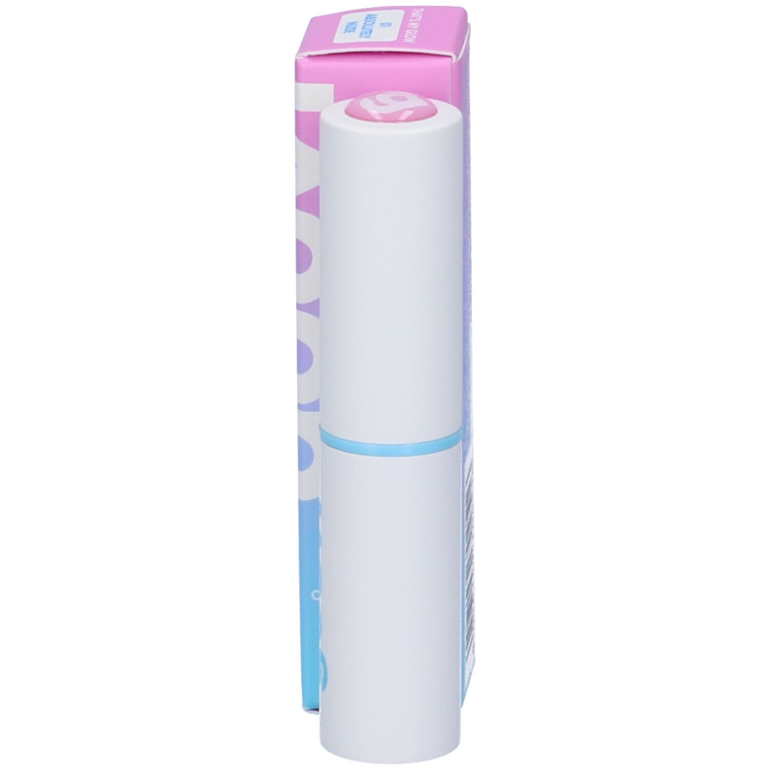 Rossetto e confezione. Confezione sfumata, scritta 'goovi'. Rossetto bianco con anello azzurro e punta rosa.