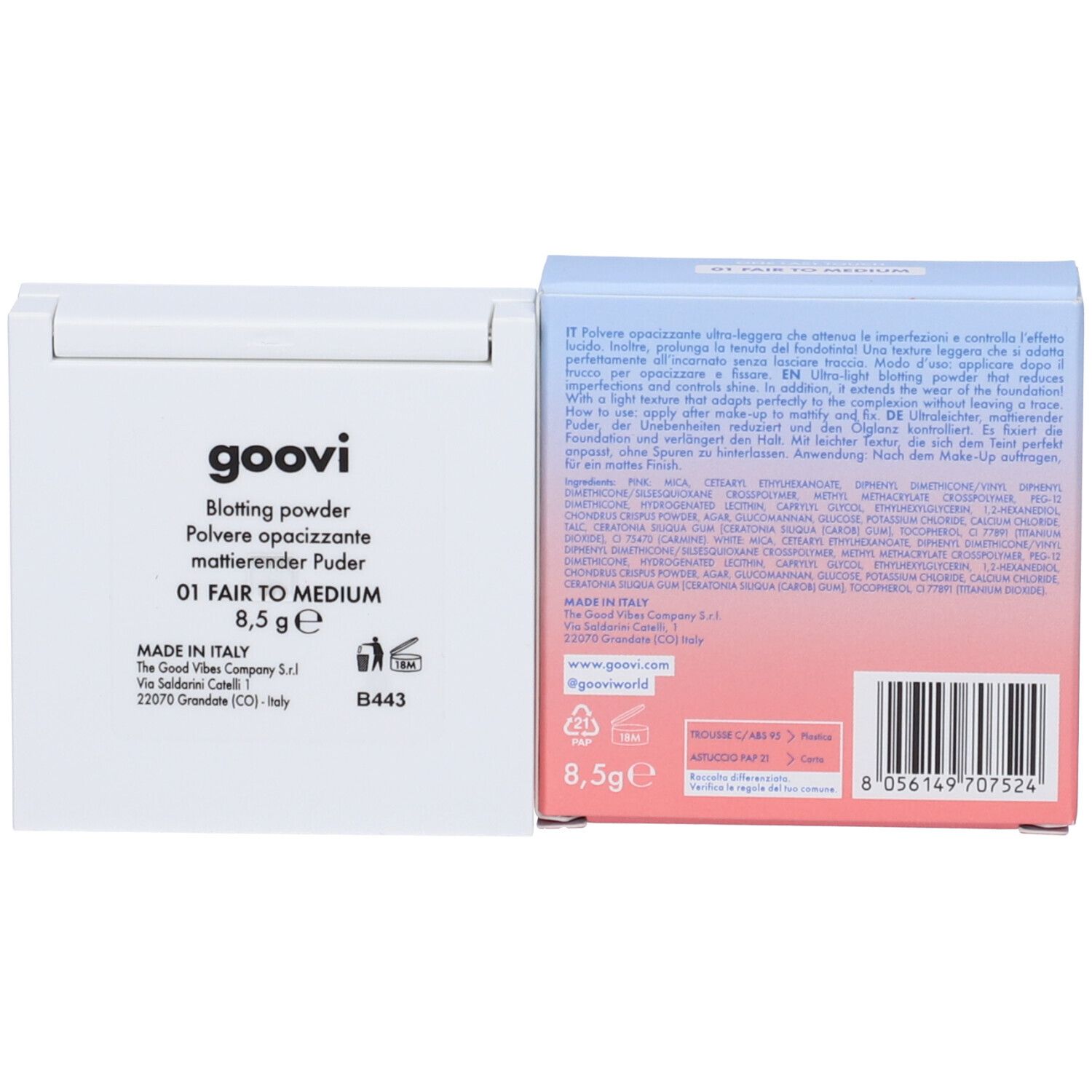 Confezione di polvere aperta. Stampato: “goovi”, “Blotting powder”, “01 FAIR TO MEDIUM”, “8,5 g e”. Testo in italiano.