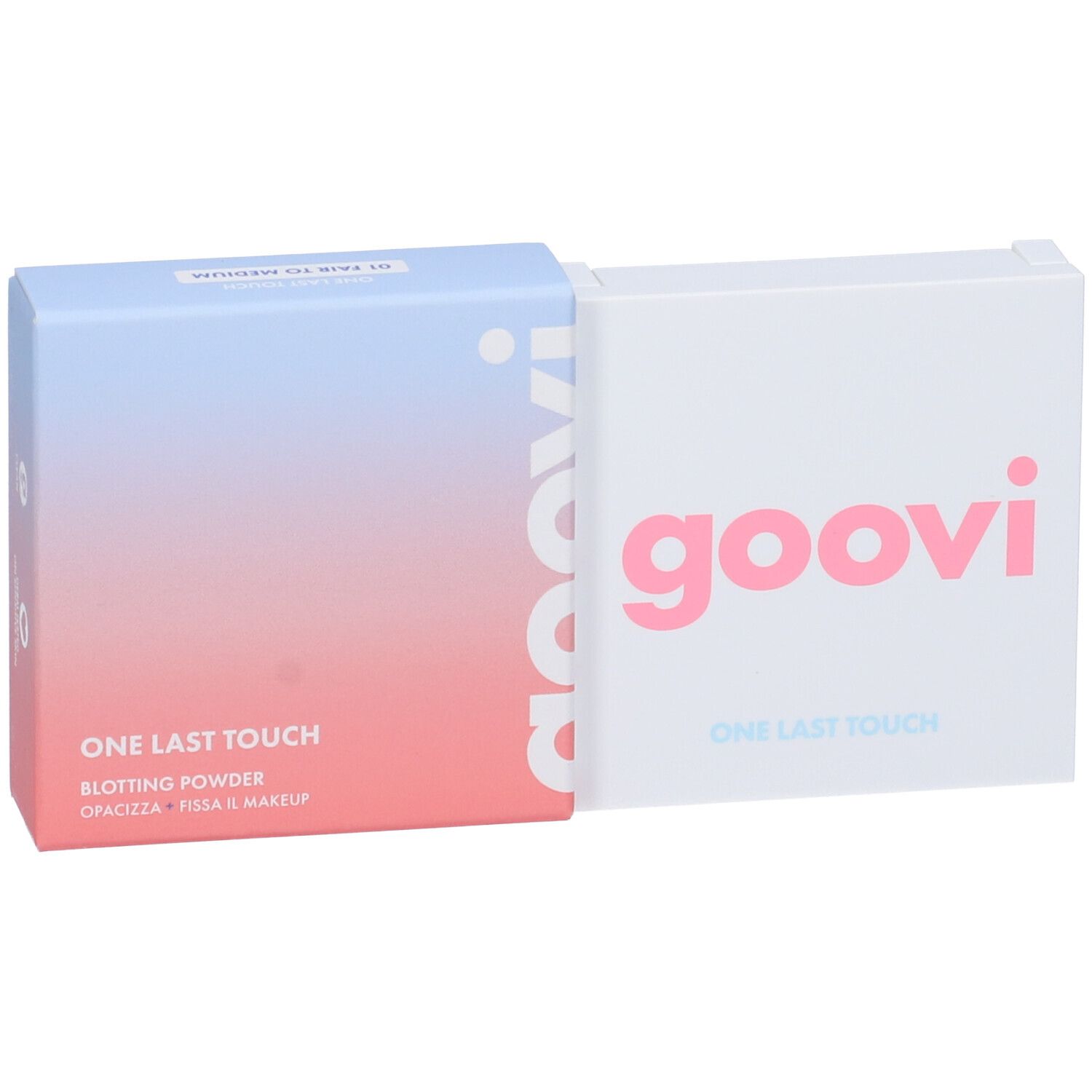 Due confezioni di polvere affiancate. A sinistra: “ONE LAST TOUCH” e “goovi”. A destra: “goovi” e “ONE LAST TOUCH”.