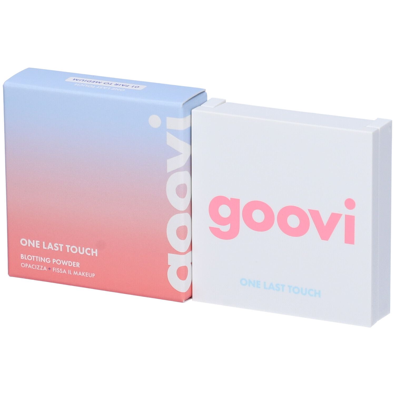 Due confezioni di polvere affiancate. A sinistra: “ONE LAST TOUCH” e “goovi”. A destra: “goovi” e “ONE LAST TOUCH”.