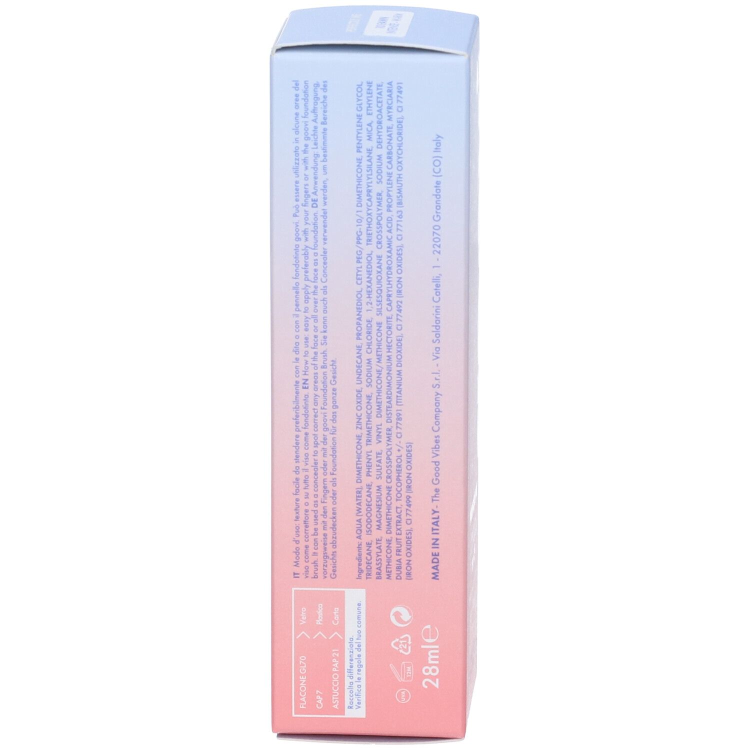 Confezione di fondotinta e correttore Goovi. Testo su sfondo rosa-blu. Ingredienti e informazioni.