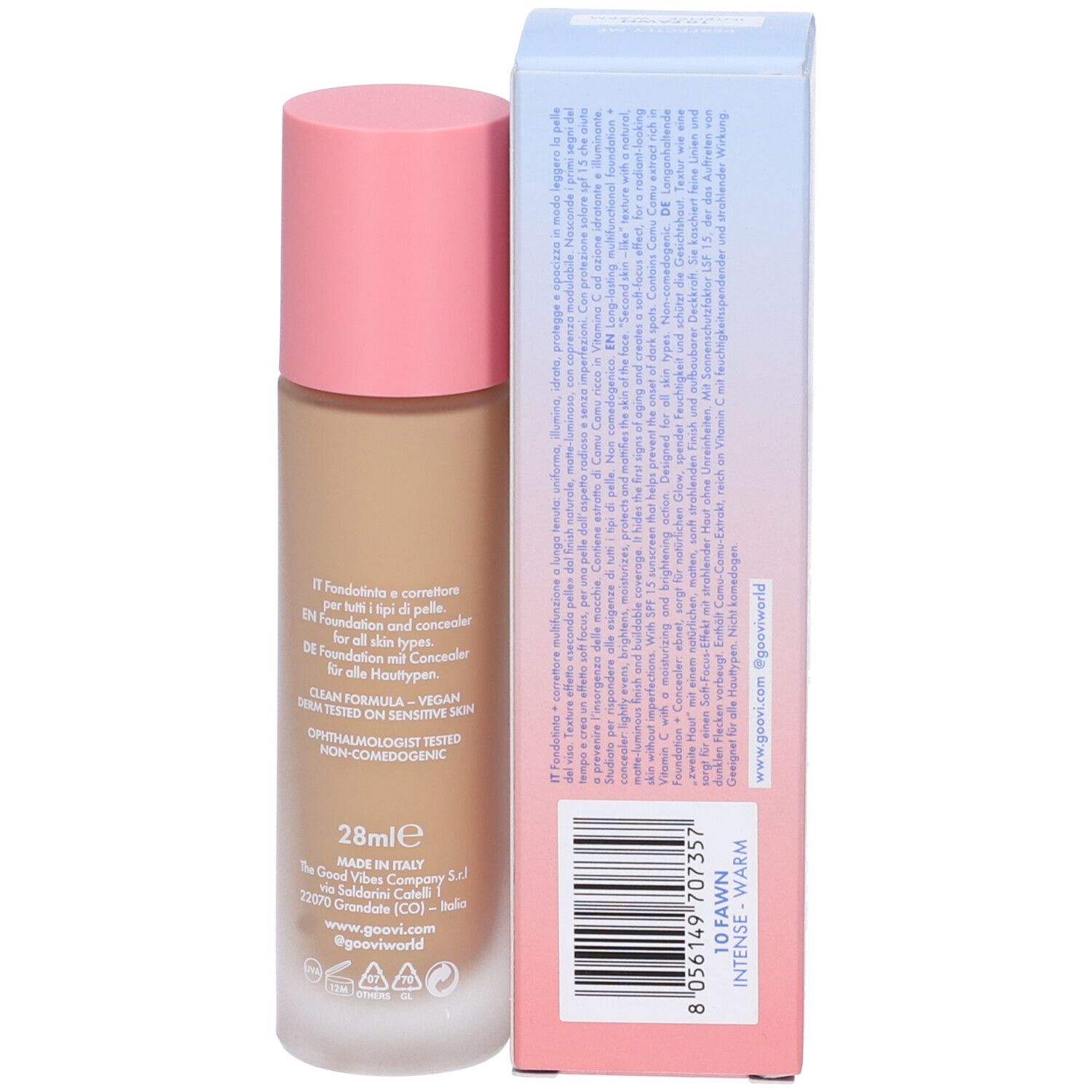 Fondotinta e correttore Goovi, flacone e confezione. Tappo rosa, contenuto beige. Testo e codice a barre sulla confezione.