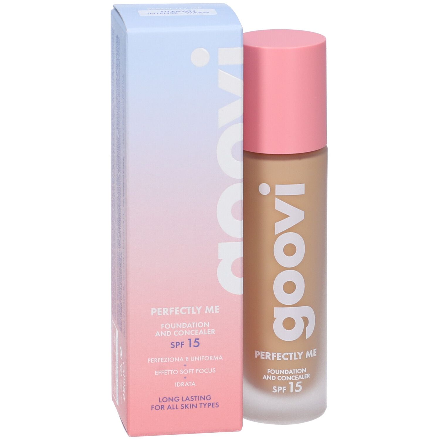 Fondotinta e correttore Goovi, flacone e confezione. Tappo rosa, contenuto beige. Confezione con testo.