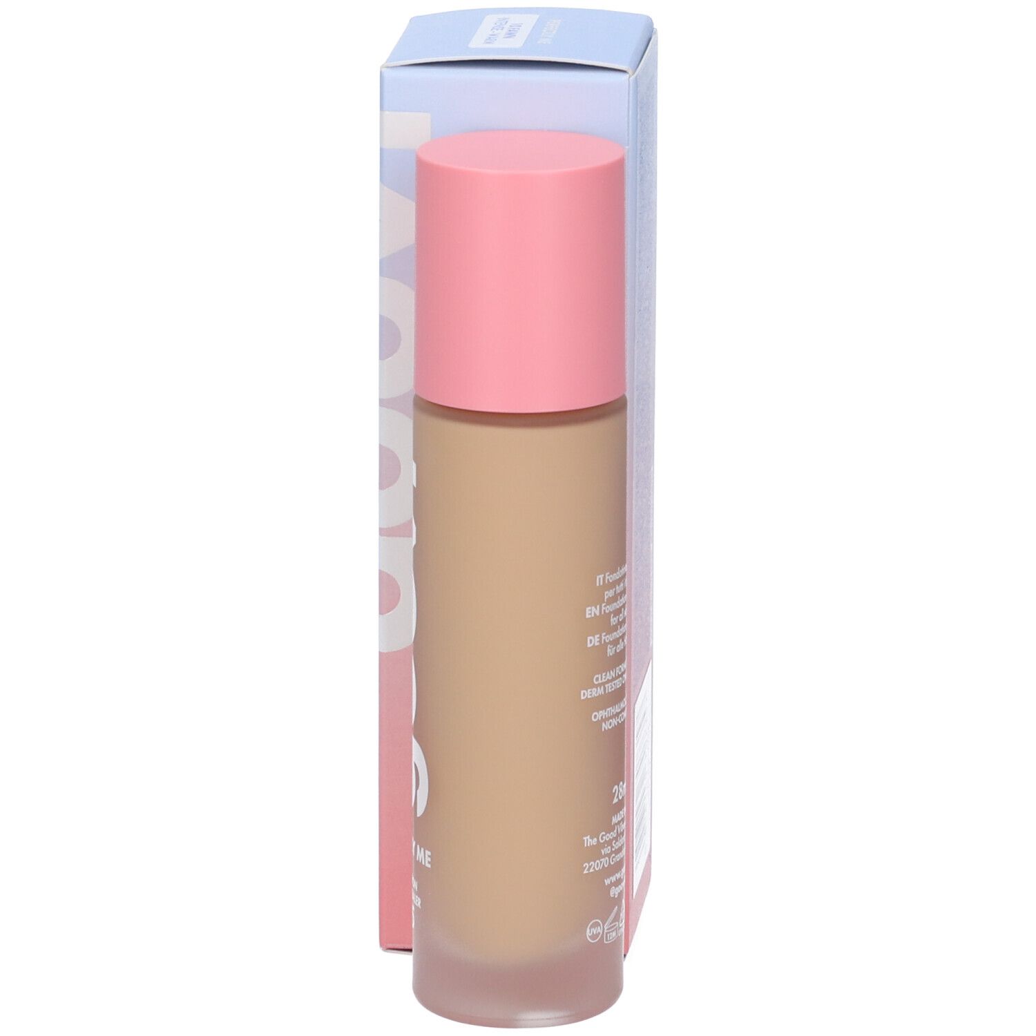 Fondotinta e correttore Goovi, flacone e confezione. Tappo rosa, contenuto beige. Confezione con testo.