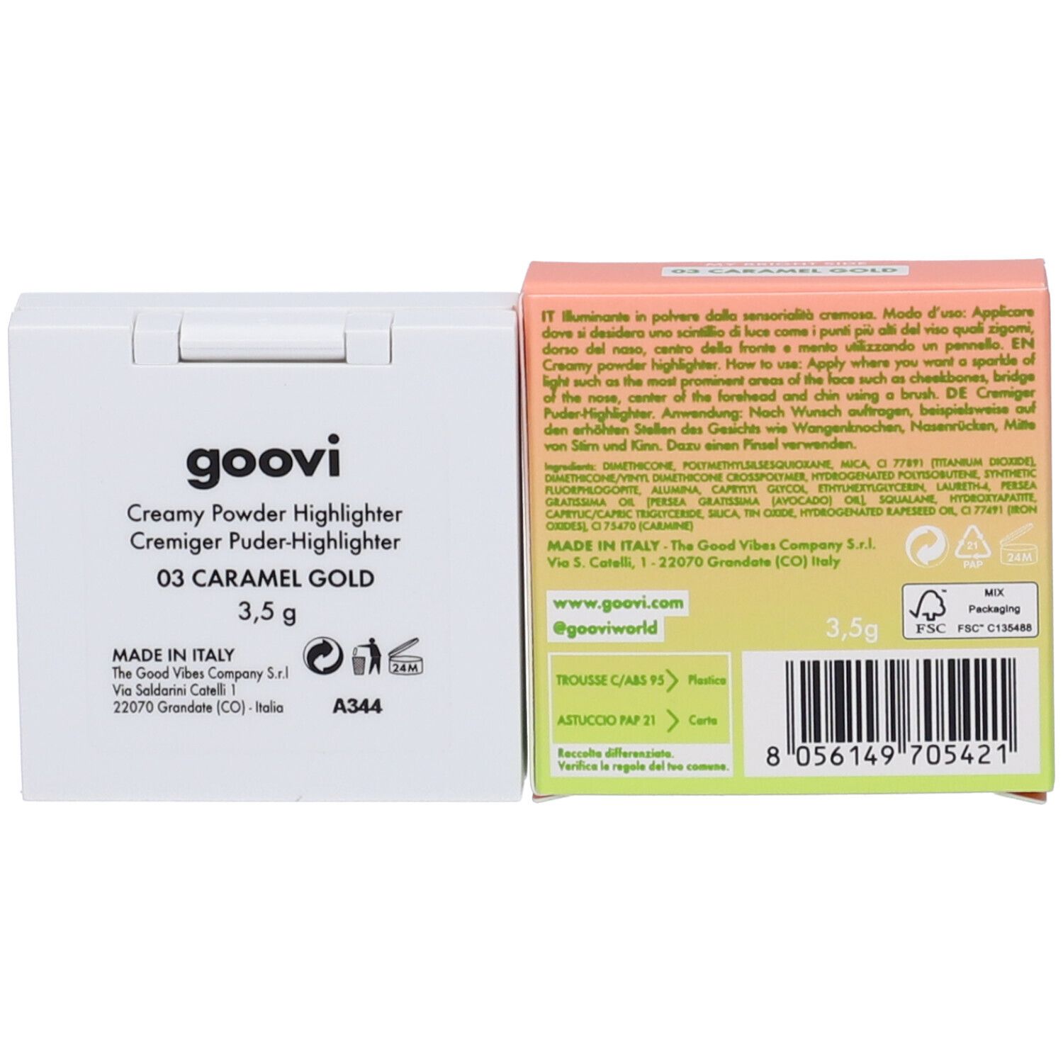 Confezione e prodotto Goovi My Bright Side. Scritte: Goovi, 03 Caramel Gold, 3,5 g. Ingredienti.